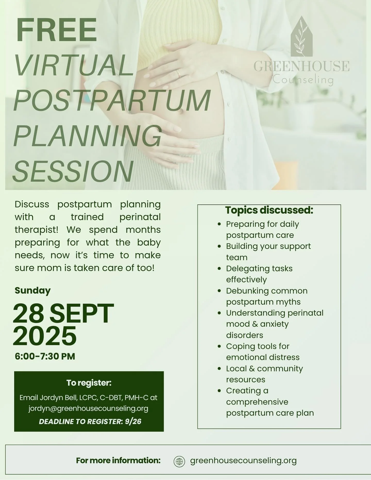 Mark your calendars! ✅ 
FREE Virtual Postpartum Planning workshop to discuss and prepare for all things 4th trimester! 🌿
Open to those currently pregnant or newly postpartum and their spouses/care partners! 

Deadline to register is 9/26! 

*Disclai