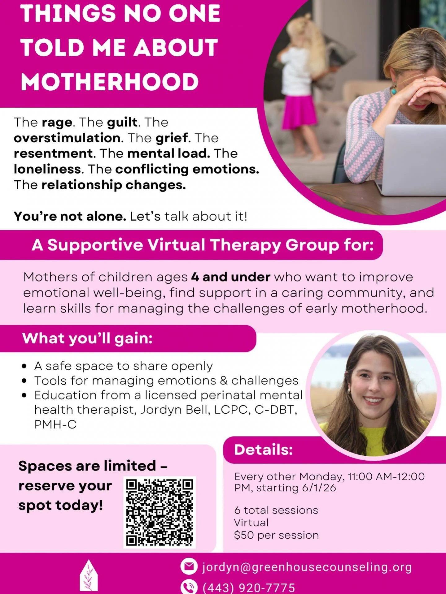 New Group Alert 📣 starting in June! 
A safe space for moms to talk about some hard topics, experience connection, and feel supported. Come join us! 
Open to MD moms with children ages 4 &amp; under. 
Reach out today to register! Spots limited!