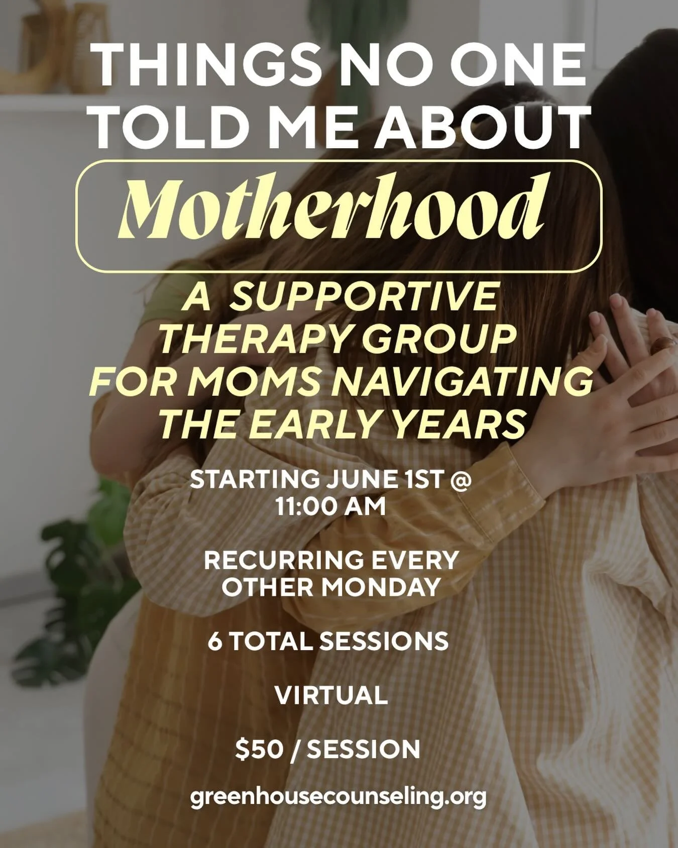 Don&rsquo;t miss this motherhood support group! 🌼
Need community in motherhood? 
Want a safe space to process the challenges and tribulations? 
Join us this June! 
Limited spaces available! 

Open to clients in MD, FL, and SC. 
To register&mdash; cl