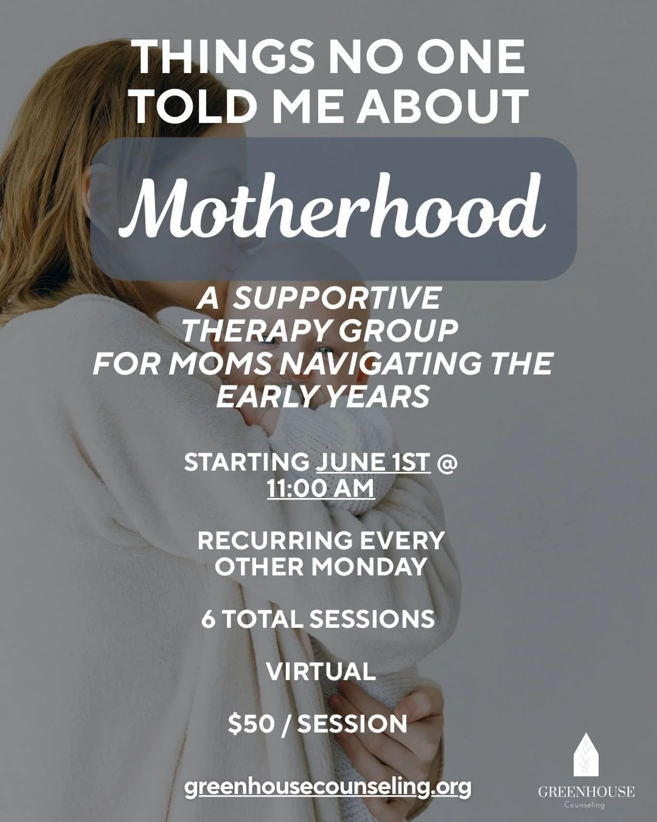 Still recovering from the&nbsp;Mother&rsquo;s Day highlight reel? ❤️&zwj;🩹 Come join us&mdash; a space for honest conversations and real support for moms in the thick of it.

Only a couple spots are still open 🚨

greenhousecounseling.org