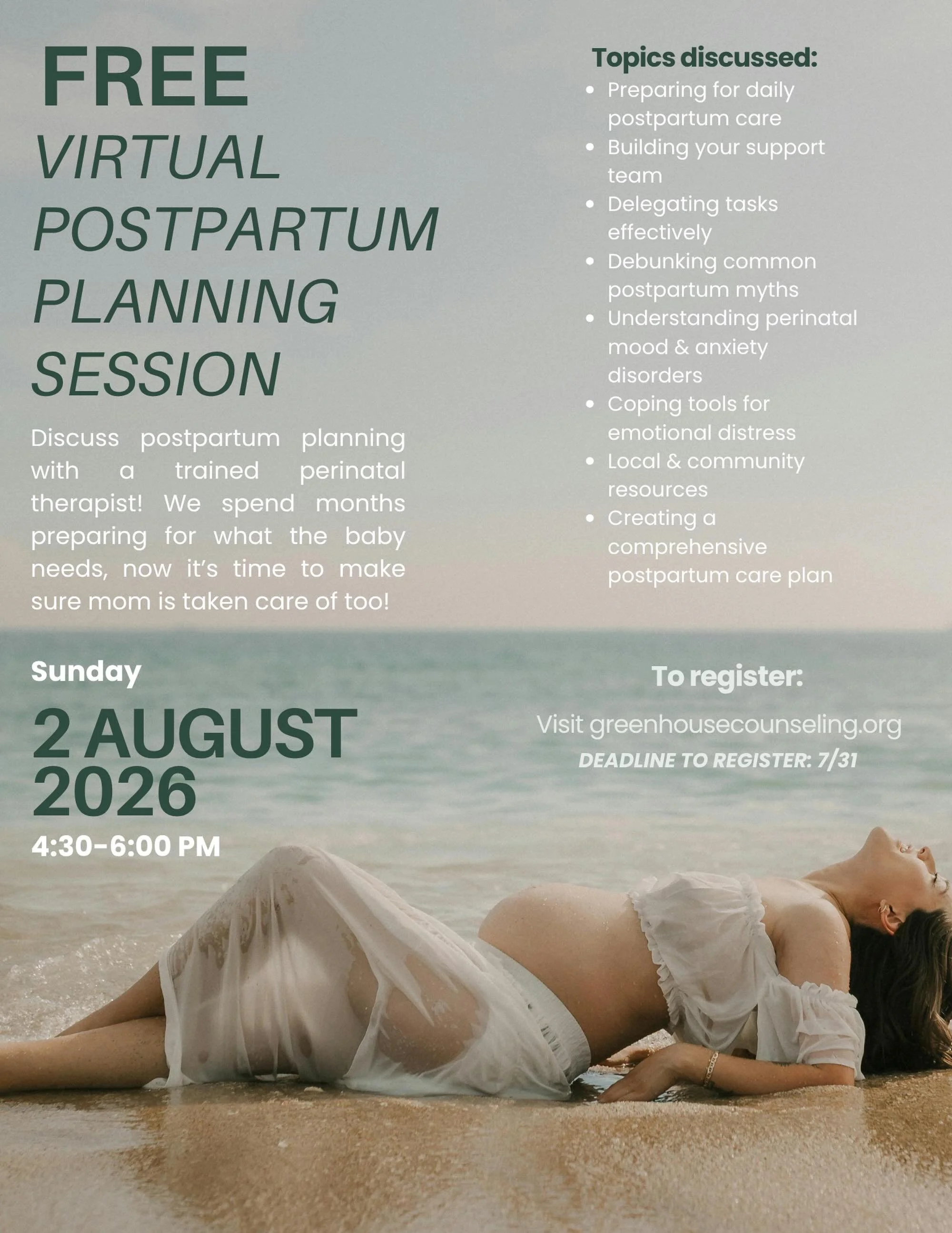 Check out this FREE, virtual postpartum planning session on August 2nd, 2026 from 4:30-6 PM!🌊

We&rsquo;ll discuss all things 4th trimester and make a game plan for those first few weeks after bringing baby home! 

Open to all! Whether it&rsquo;s yo