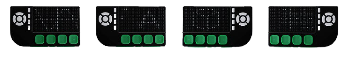 Four Cadence Pocket's displaying from left to right, a sin wave, a raised print A with large braille, a cube represented in 2D, and a game of tic-tac-toe.