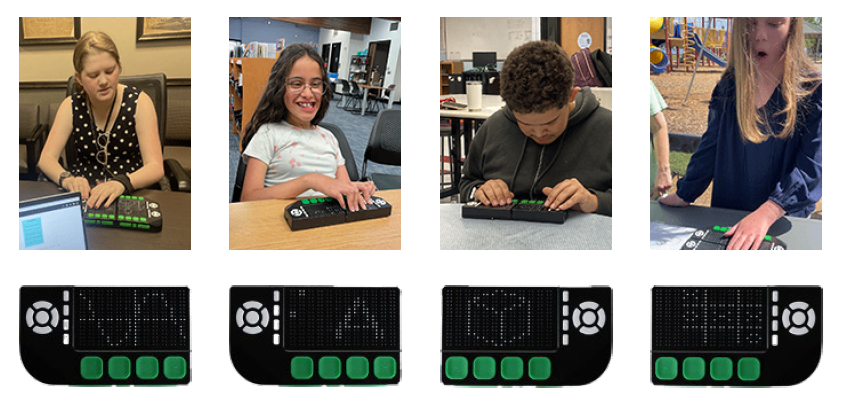 Four Cadence users depicted, one using the graphing calculator, one learning braille and raised print, one exploring a 3D object, and one playing tic tac toe.