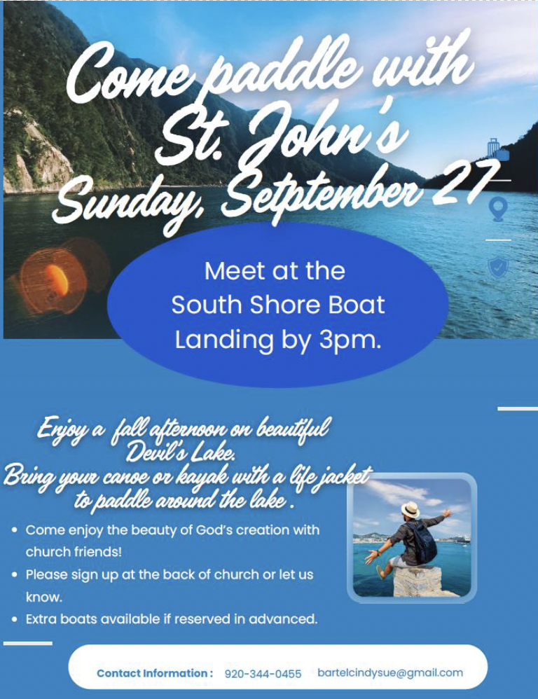Flyer for a paddle event at Devil's Lake on September 27, meeting at South Shore Boat Landing by 3 pm, with scenic lake and mountain background, and an image of a person kayaking.