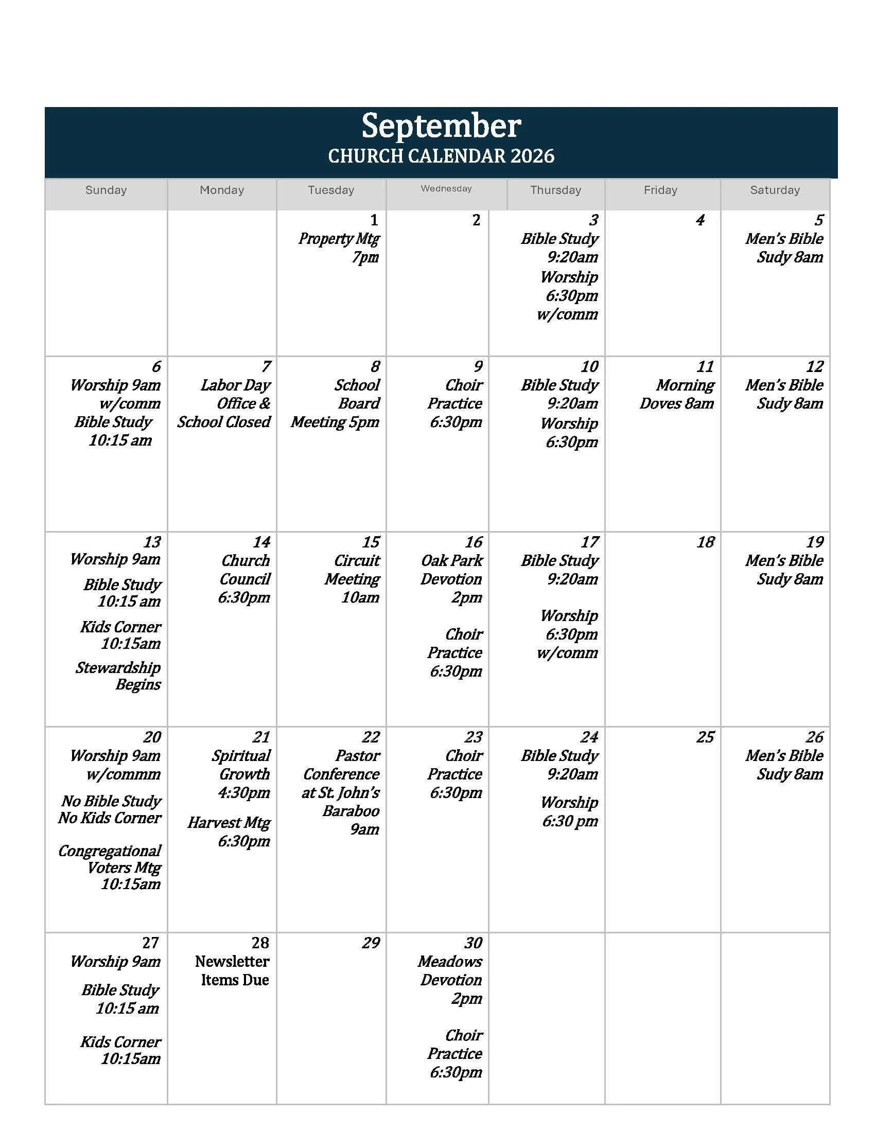 Church calendar for September 2026 showing scheduled activities including Bible study, worship services, choir practice, meetings, and special events, with specific dates and times.