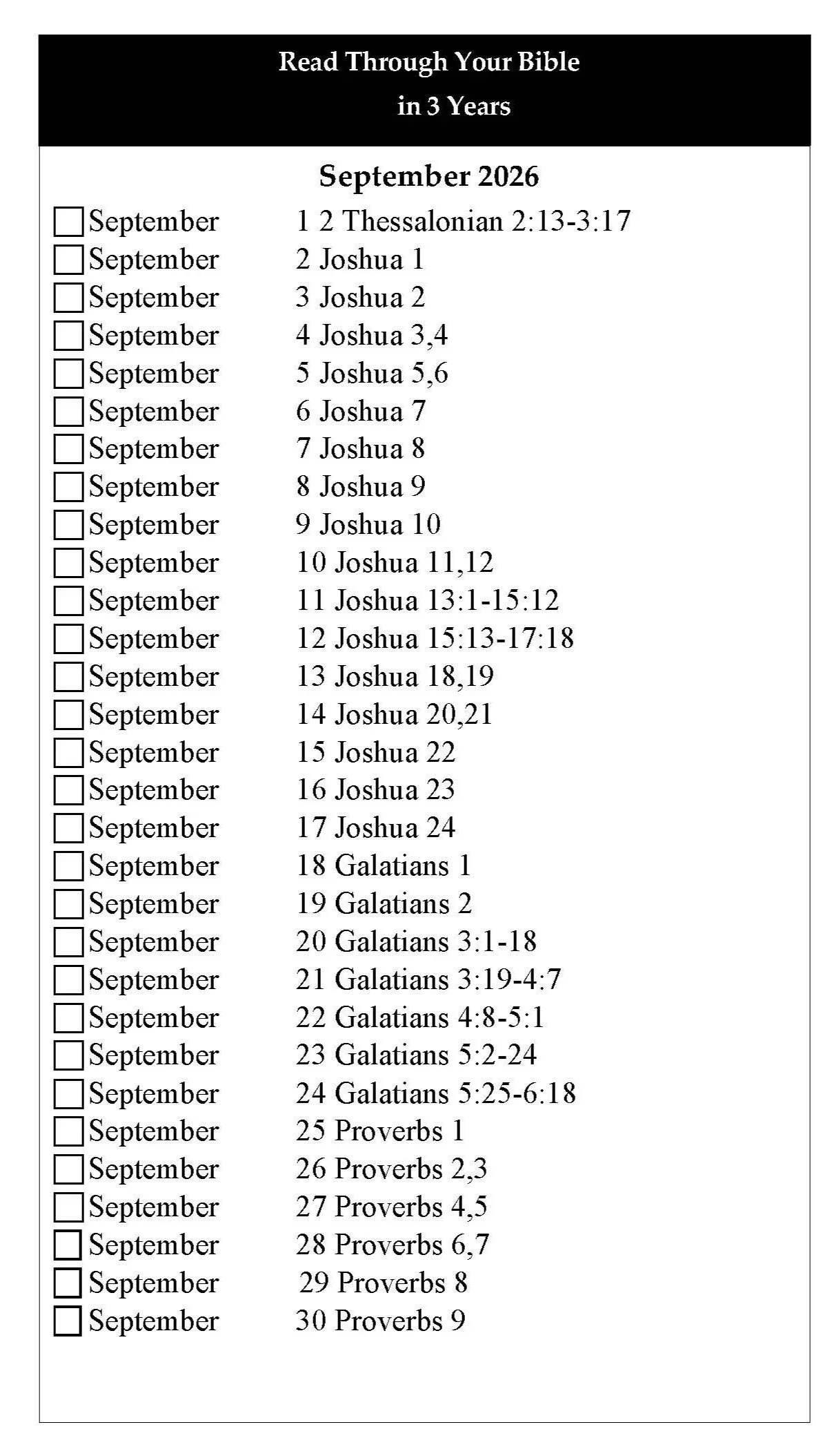 A Bible reading schedule for September 2026, listing daily chapters and passages across multiple days with checkboxes for tracking progress.