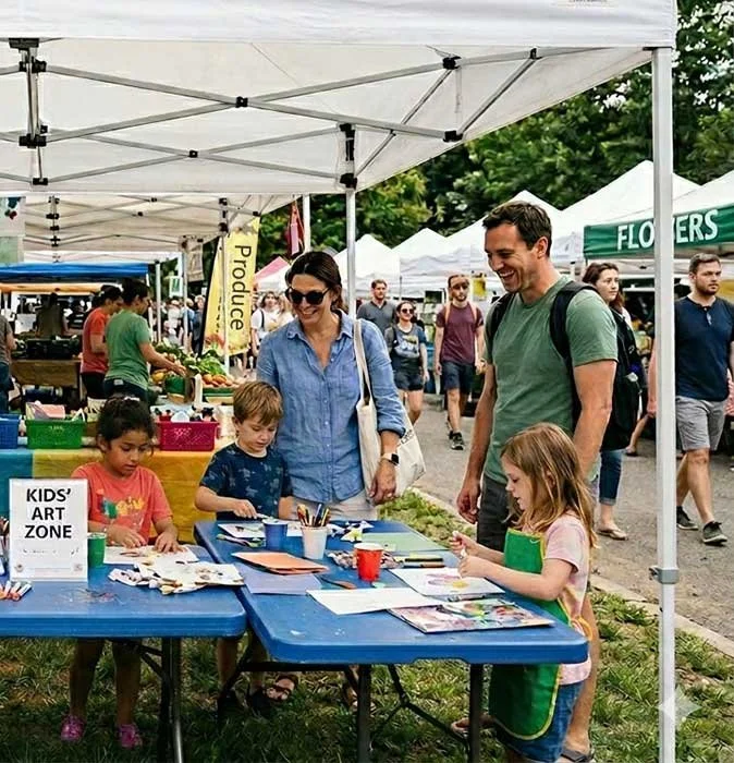 Six children stand around tables under a tent at a community fair. They are making art while two smiling adults observe the kids.