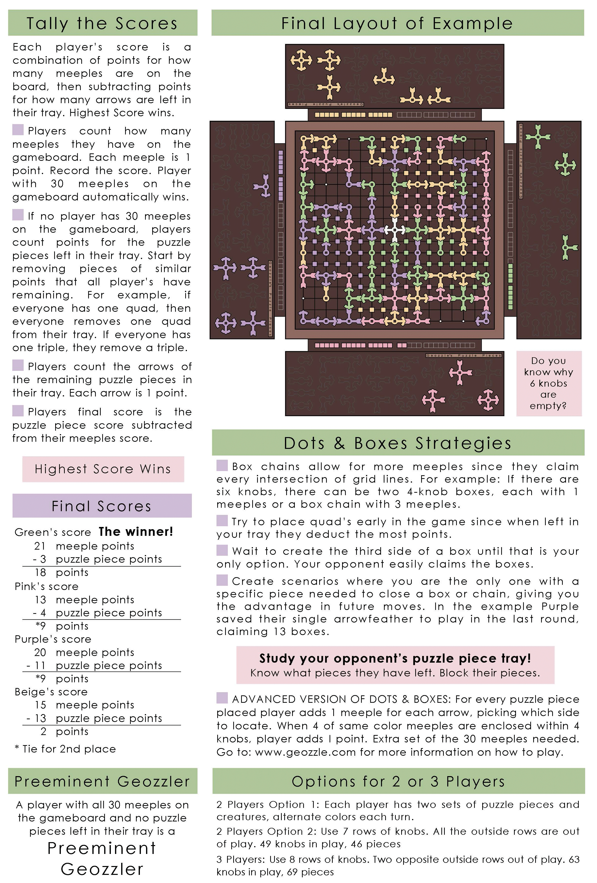 An illustrated board game layout with instructions and scores. The game involves placing puzzle pieces with shapes and points, with scoring based on the number of meeples and puzzle pieces, including strategies and options for one, two, or three players.