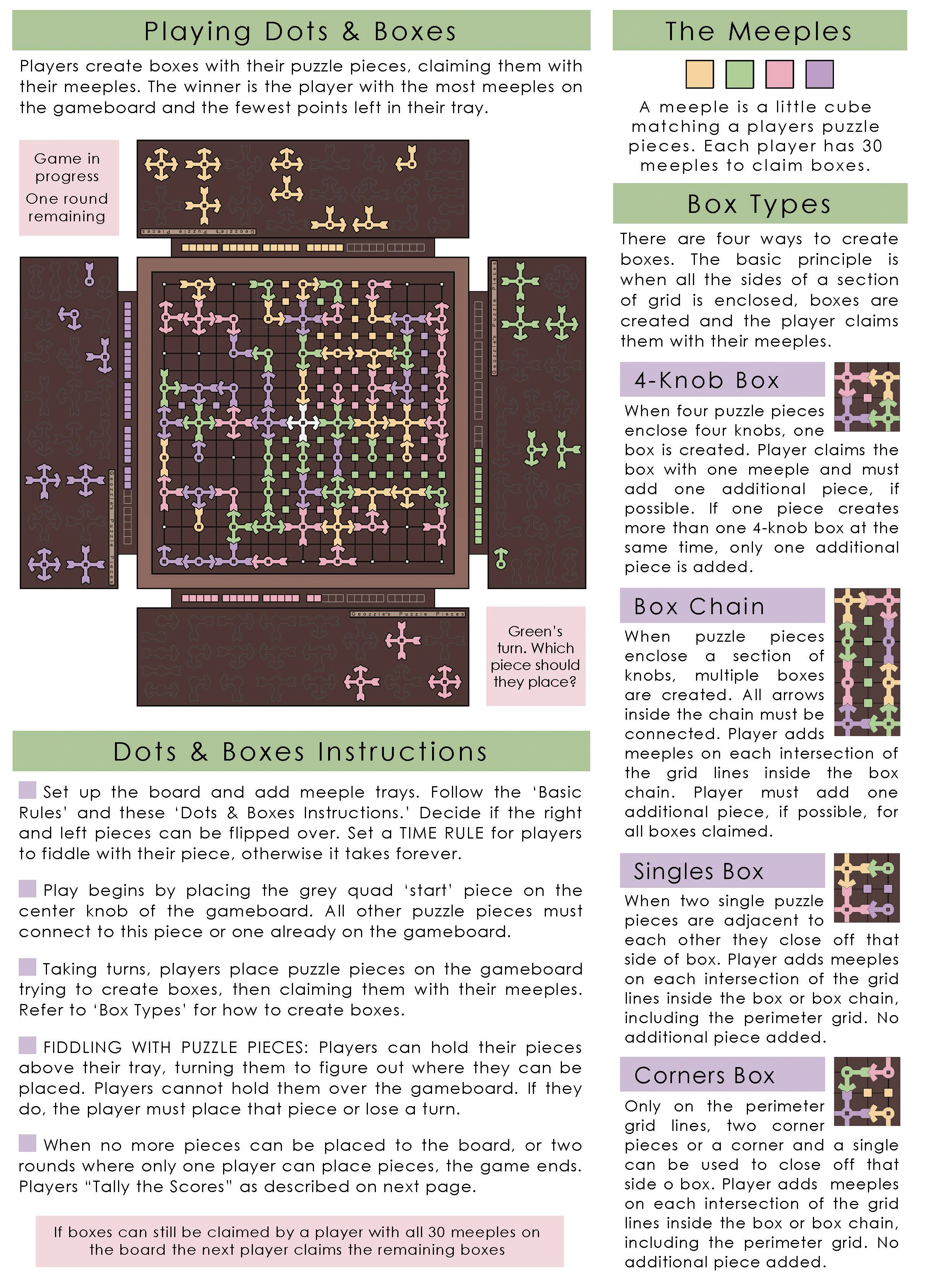 board game with various colored pieces and instructions for creating boxes, dots, and other shapes using puzzle pieces.