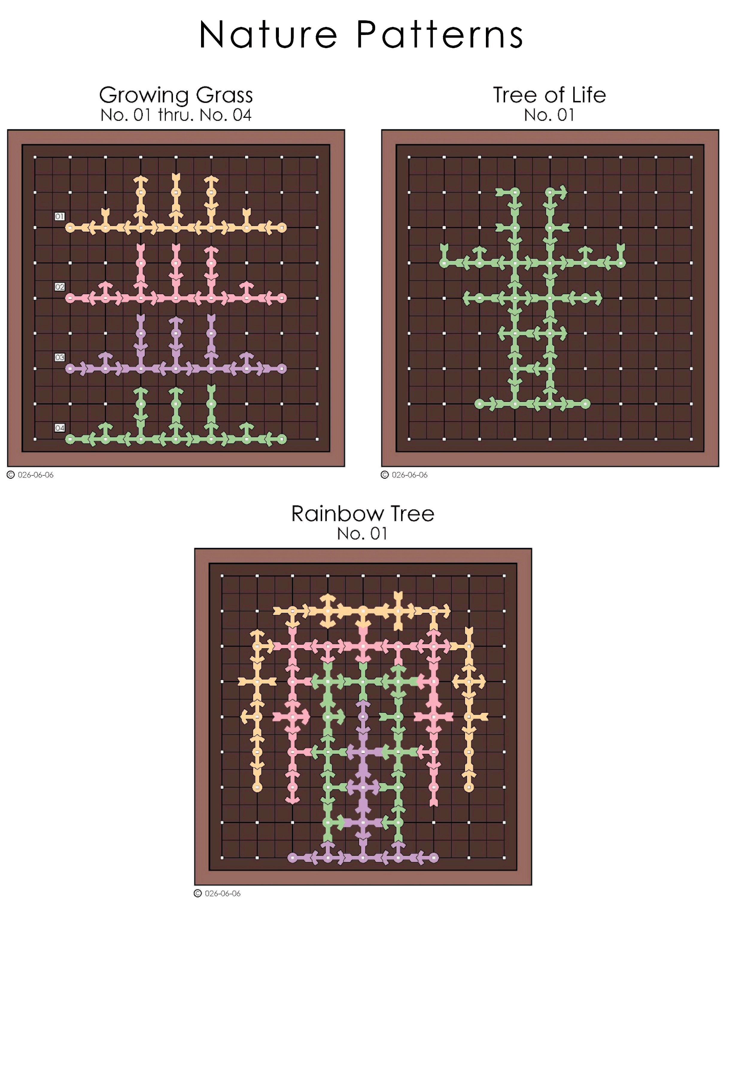 A collection of knitted patterns on a black background, including a rainbow tree, growth patterns, and a tree of life design.