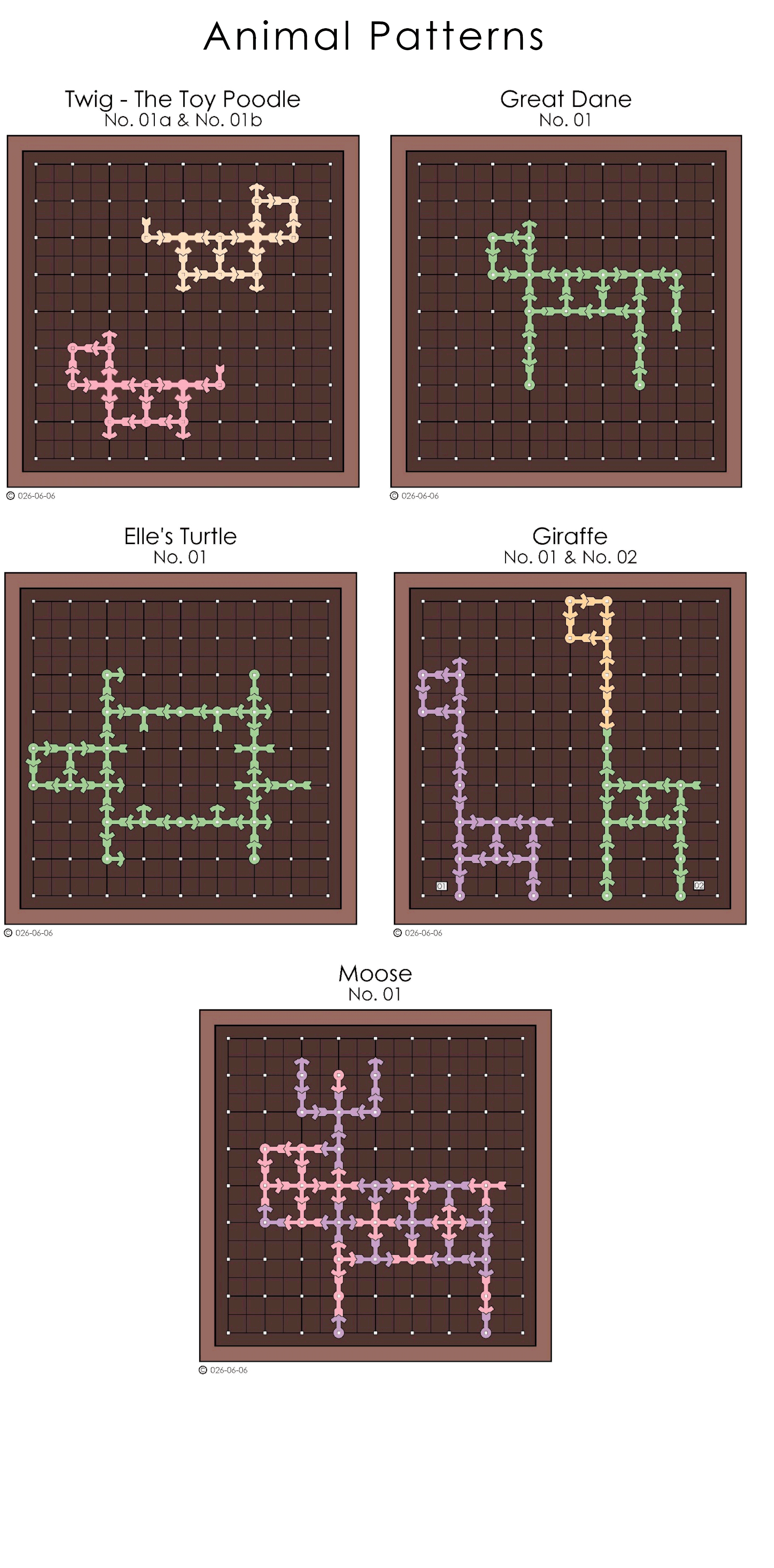 A collage of animal pattern cross-stitch charts, including Twig the Toy Poodle, Great Dane, Elle's Turtle, Giraffe, and Moose.