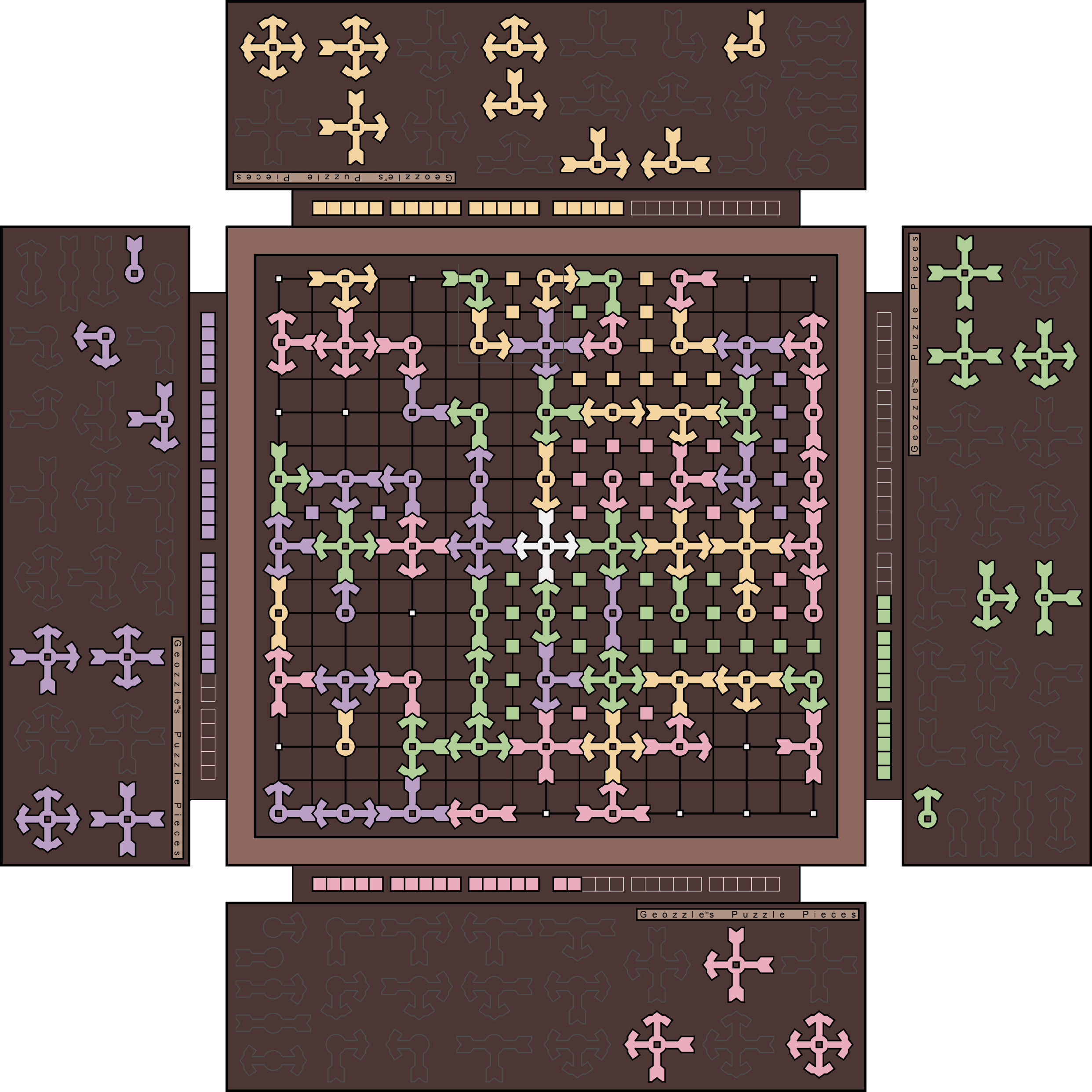 A digital puzzle game interface featuring colorful geometric pieces arranged on a grid, with different sections labeled and multiple layered puzzle pieces in shades of pink, green, yellow, and purple.