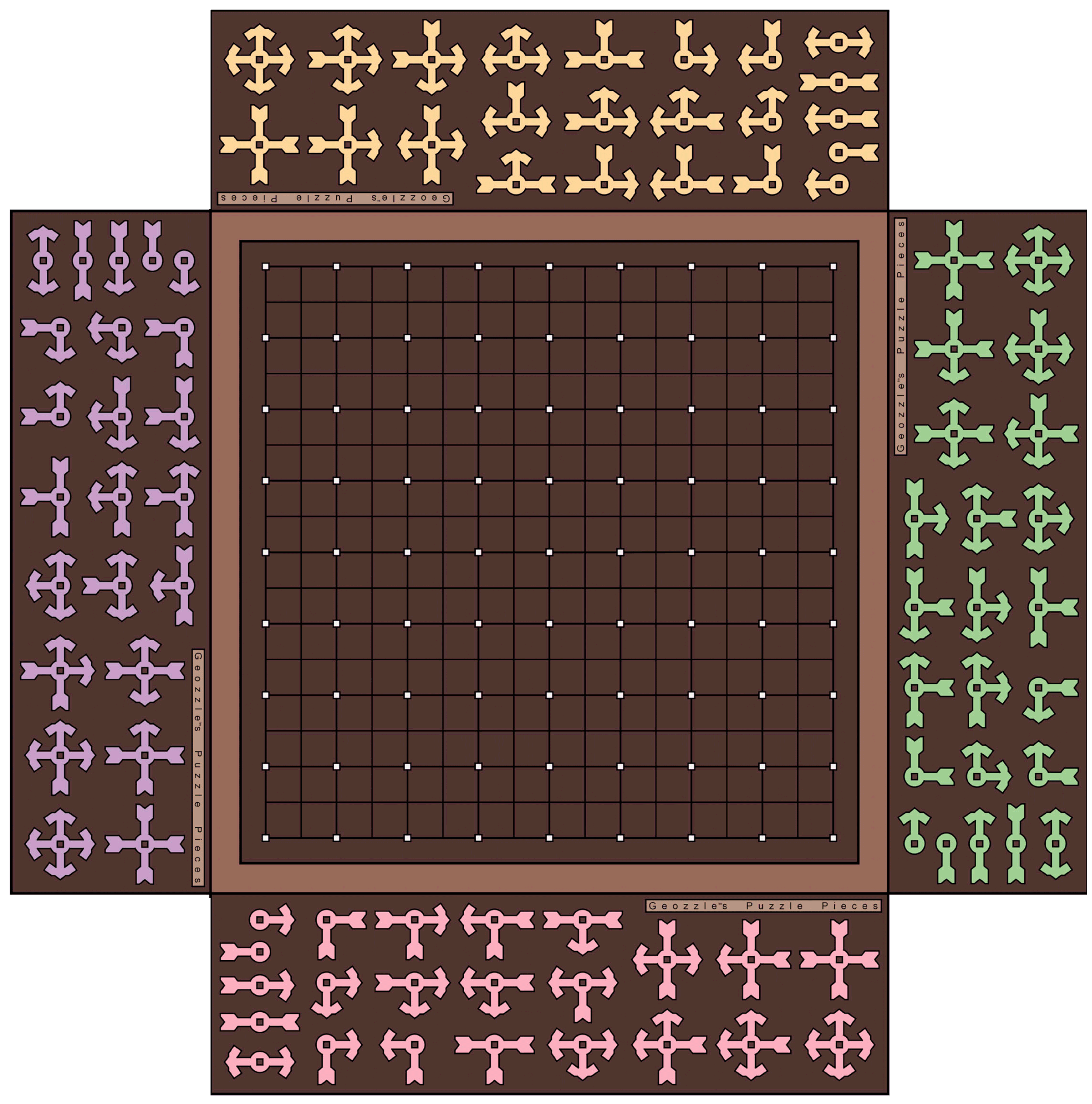 A complete geozzle's puzzle piece collection with pieces sorted by color and arranged in labeled sections of purple, brown, and green, along with an empty puzzle grid in the center.