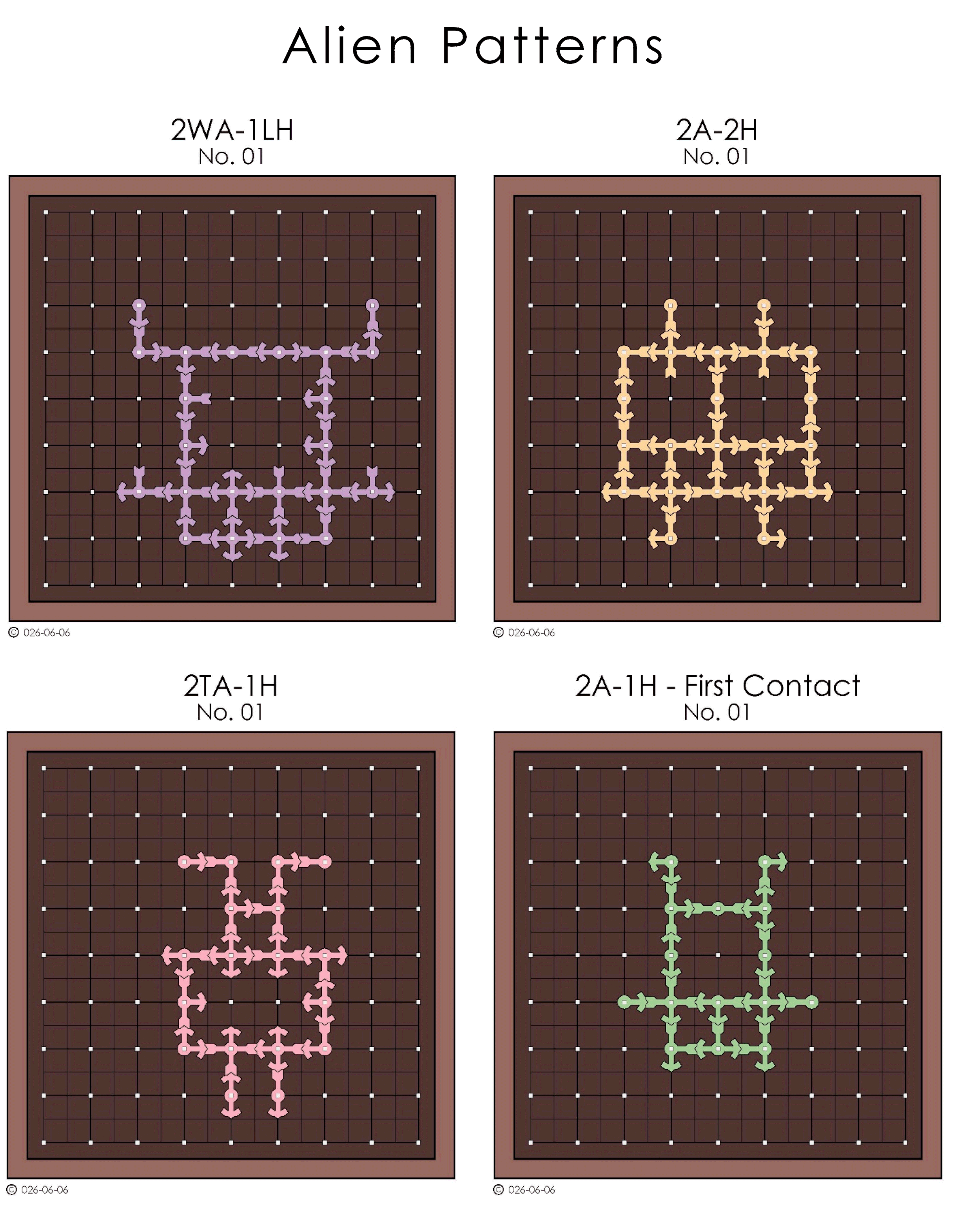 A set of four grid-based designs called 'Alien Patterns,' each with unique geometric shapes and color schemes, labeled with different alphanumeric codes such as '2WA-1LH,' '2A-2H,' '2TA-1H,' and '2A-1H - First Contact.'