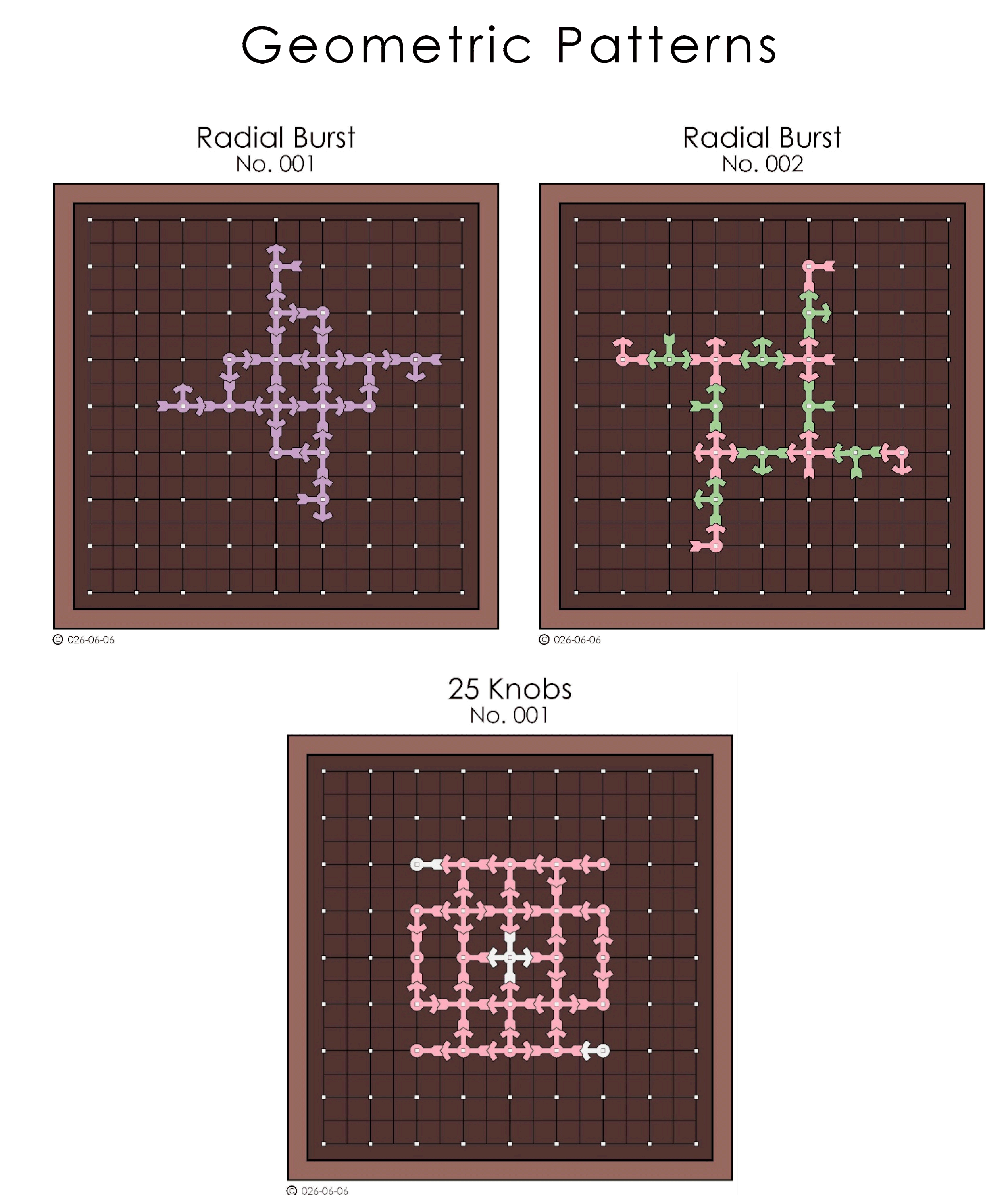 Diagram showing the progression of stitches for creating a geometric pattern called 'Radial Burst.' The pattern is numbered No. 001 and involves 25 knots, featuring detailed step-by-step instructions with arrows indicating the stitch directions.