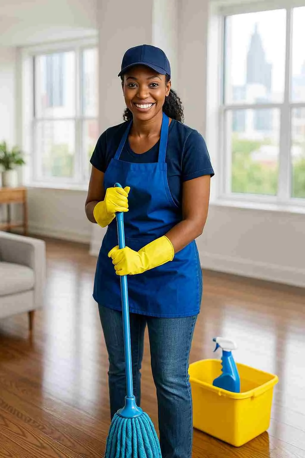 A smiling woman in a blue apron, matching cap, and yellow cleaning gloves holds a mop in a bright living room with large windows. A yellow bucket with cleaning supplies is nearby.