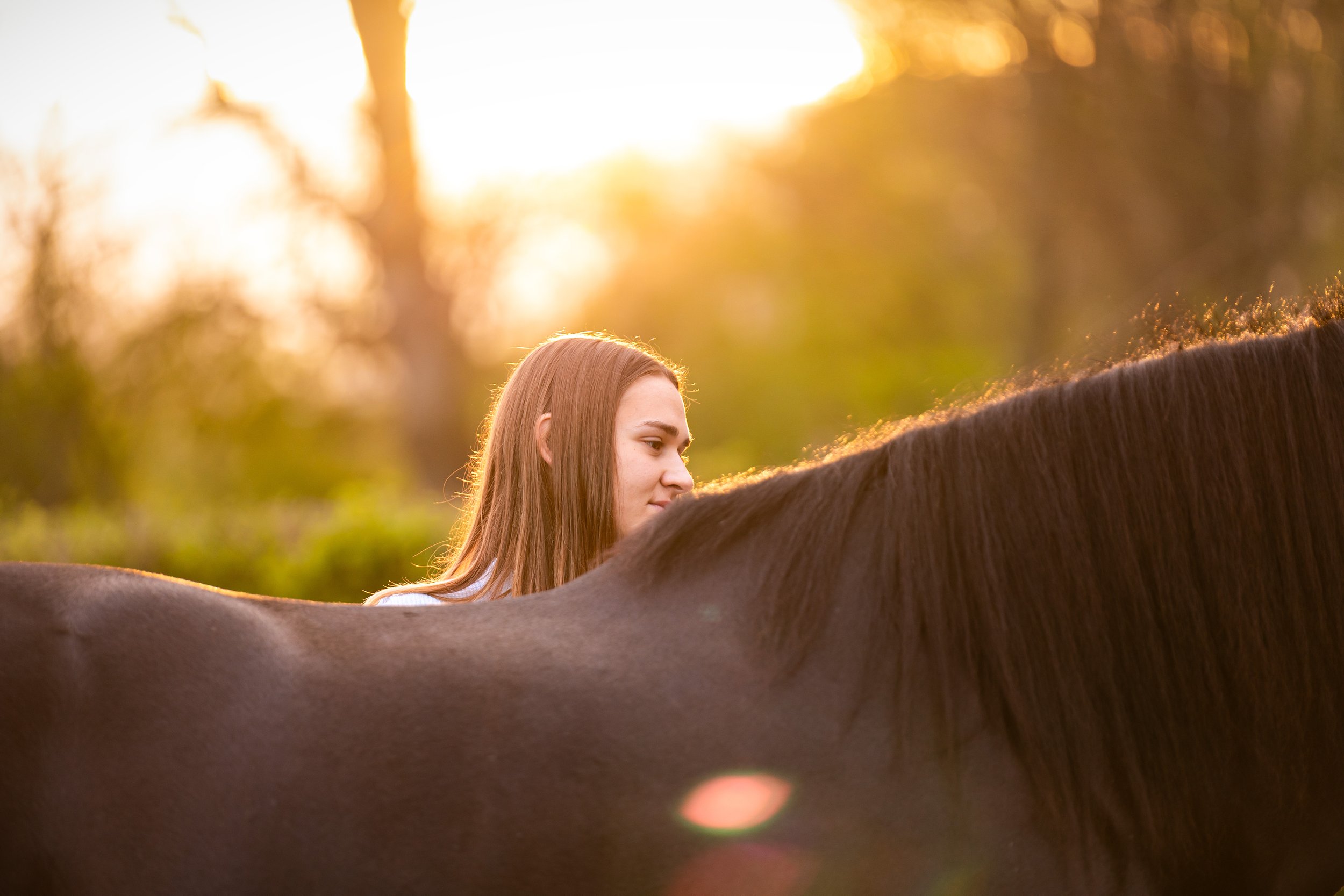 Vrouw met lang bruin haar die naast een paard loopt tijdens zonsondergang, met een warme gouden gloed in de achtergrond.