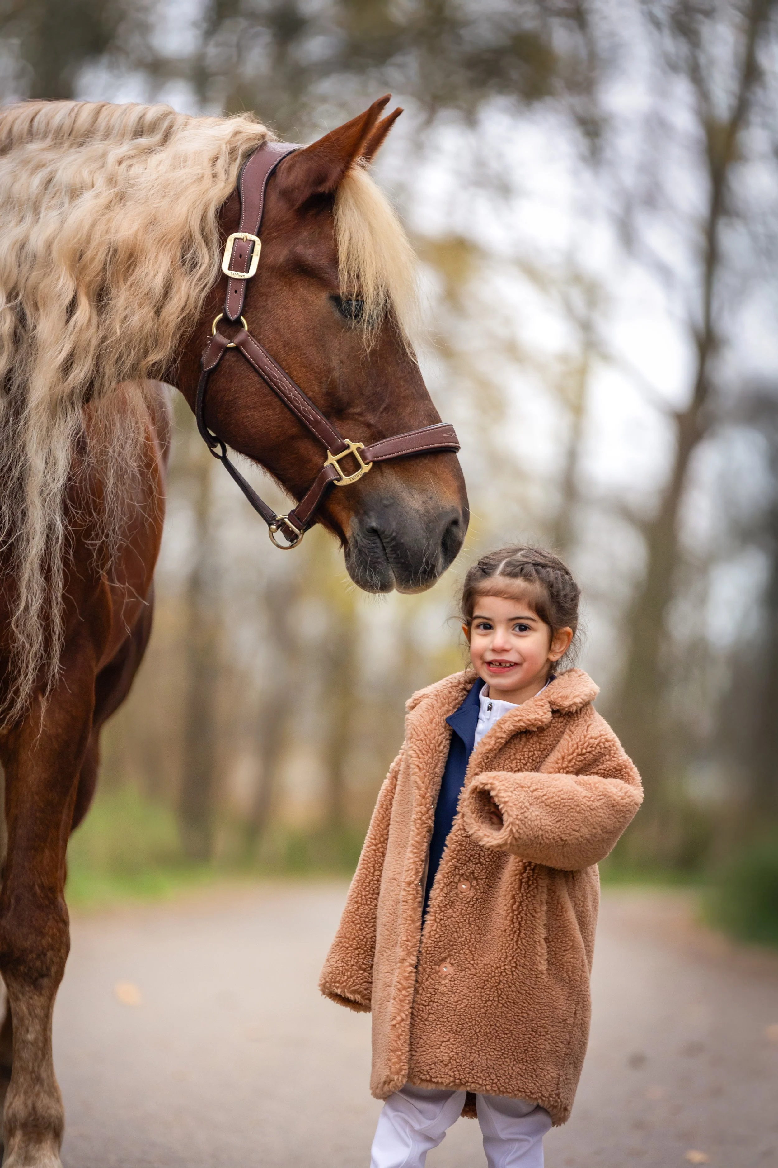 Een jonge meisje in een bruine wollen jas staat naast een paard met een beige manen en een bruin tuig. Ze staan buiten op een pad, met bomen op de achtergrond.