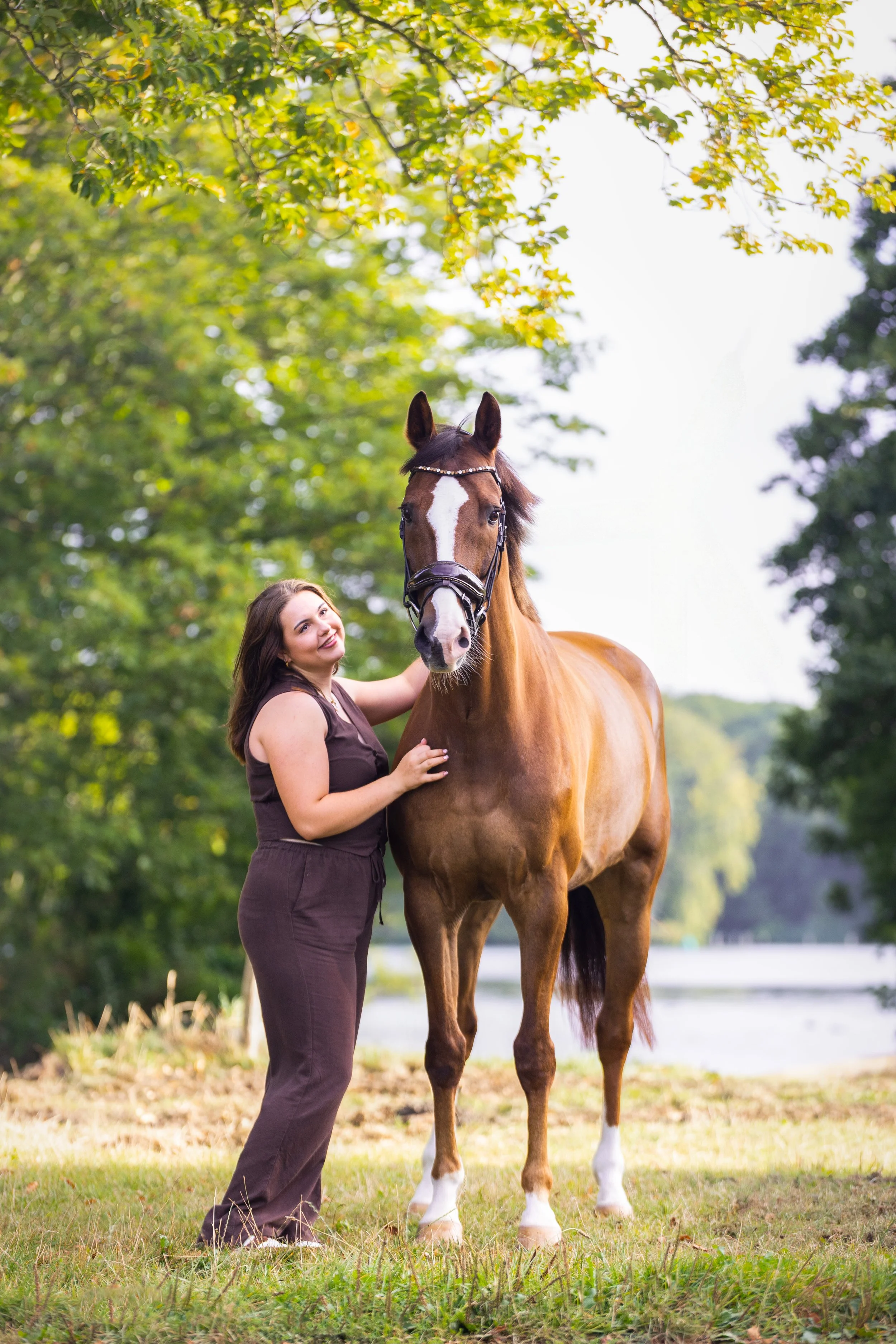 Vrouw met een bruin outfit geeft liefde aan een bruin paard met witte vlek op de neus onder een boom, buitenshuis.