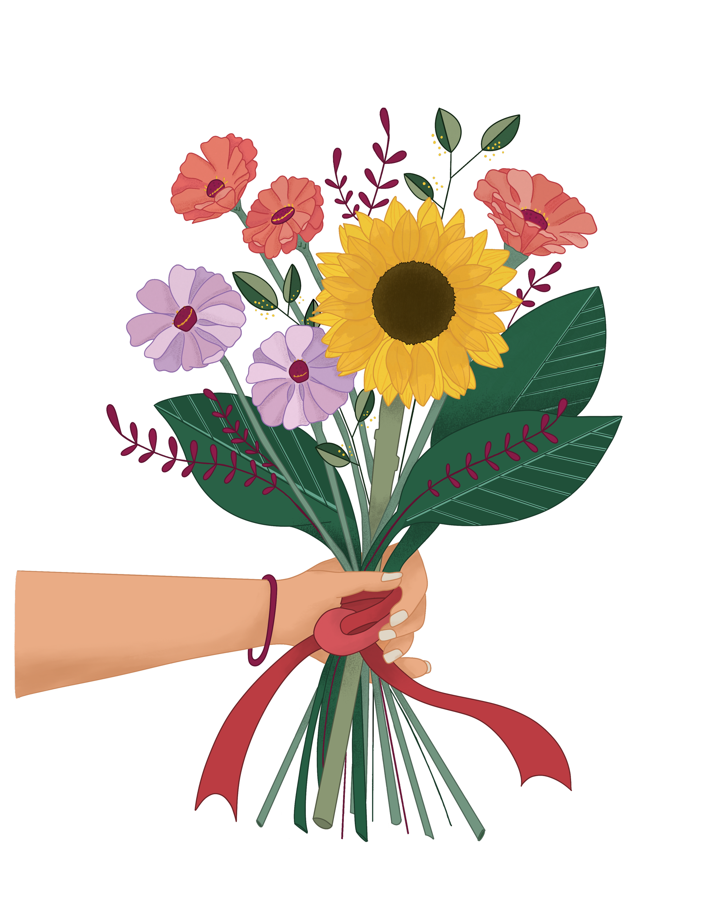 Illustration of a hand holding a bouquet of flowers with a sunflower, pink and purple flowers, green leaves, and a red ribbon against a black background.