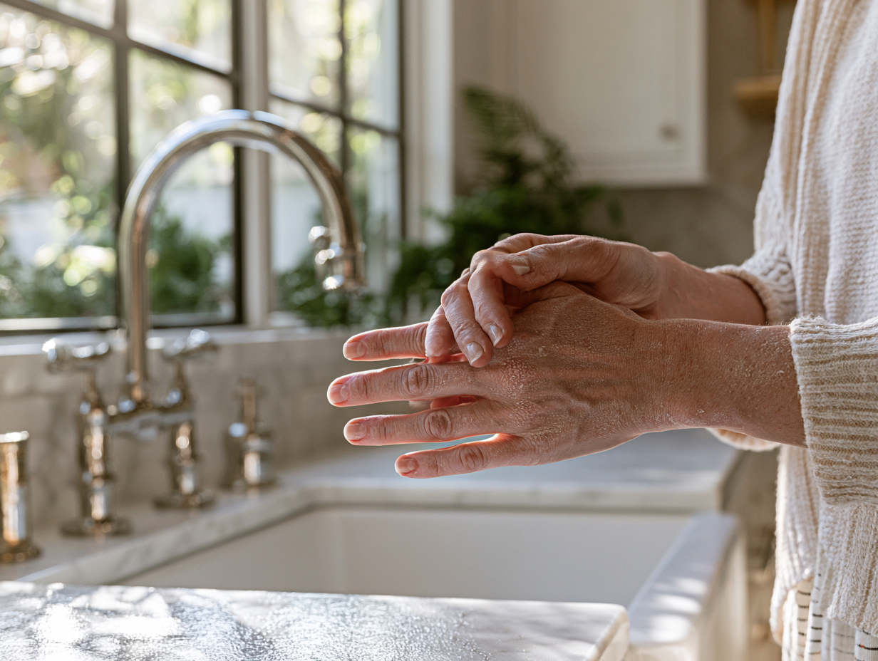 Woman washing her hands at a kitchen sink, illustrating how San Diego's hard water can leave skin feeling dry and irritated.