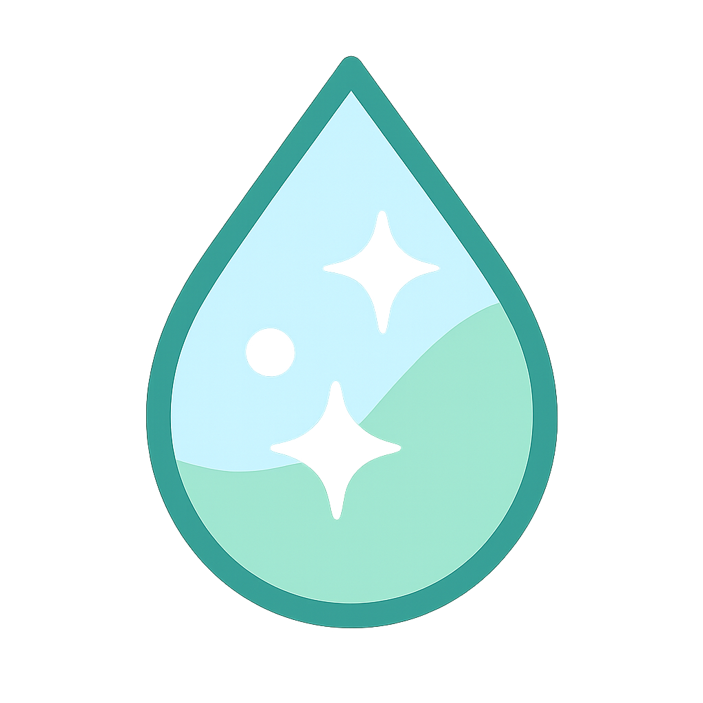 Illustration of clean water droplet symbolizing Filtercon's whole house water filtration system in San Diego, which removes chlorine and harmful chemicals without using salt.
