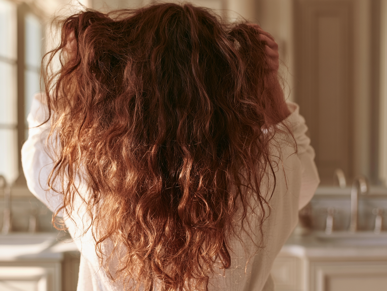 Woman with dry, frizzy hair caused by hard water, a common issue for homeowners without a whole house water filtration system.