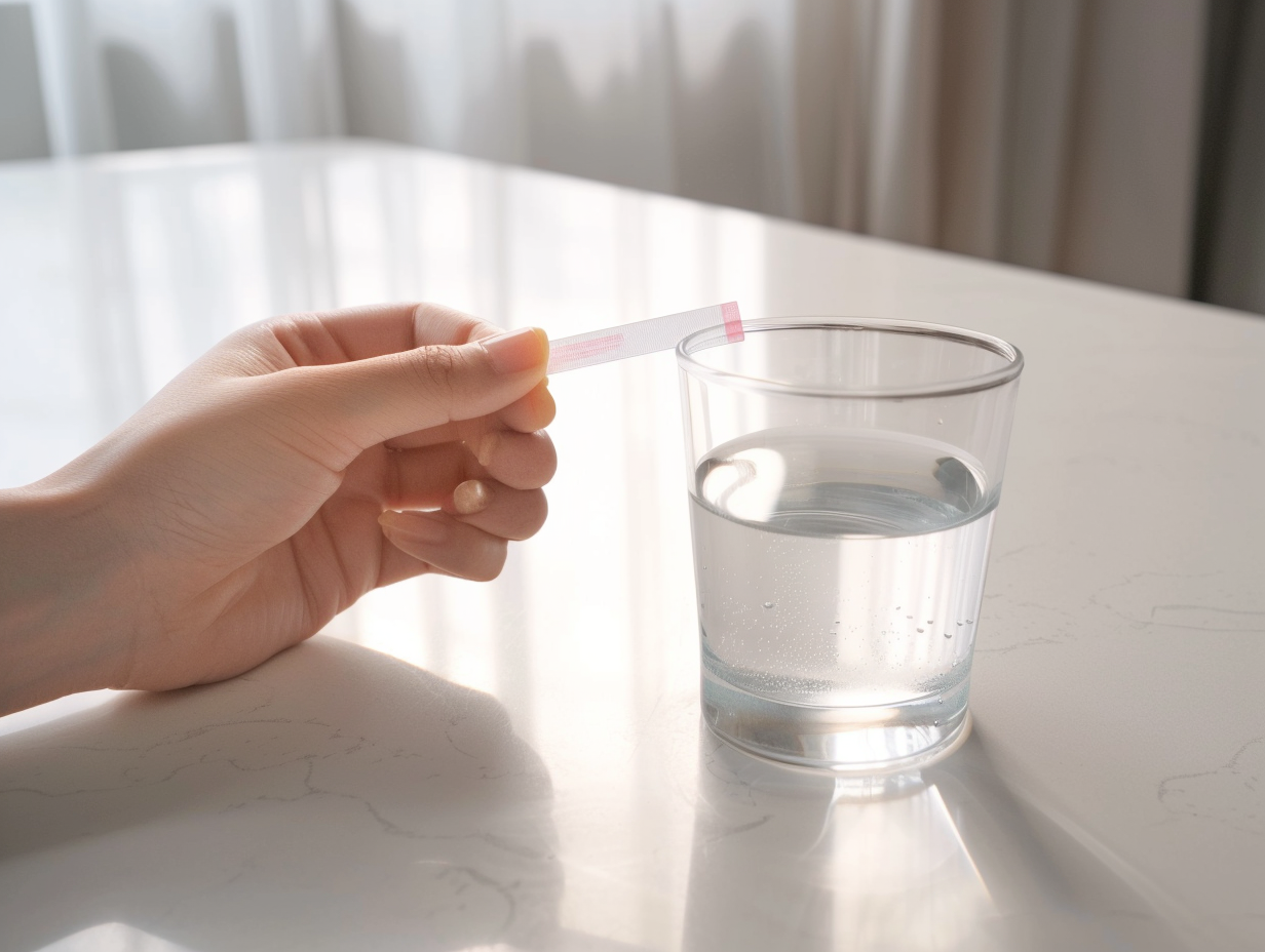 Hand holding a water test strip beside a glass of water, testing for chlorine levels in San Diego tap water.