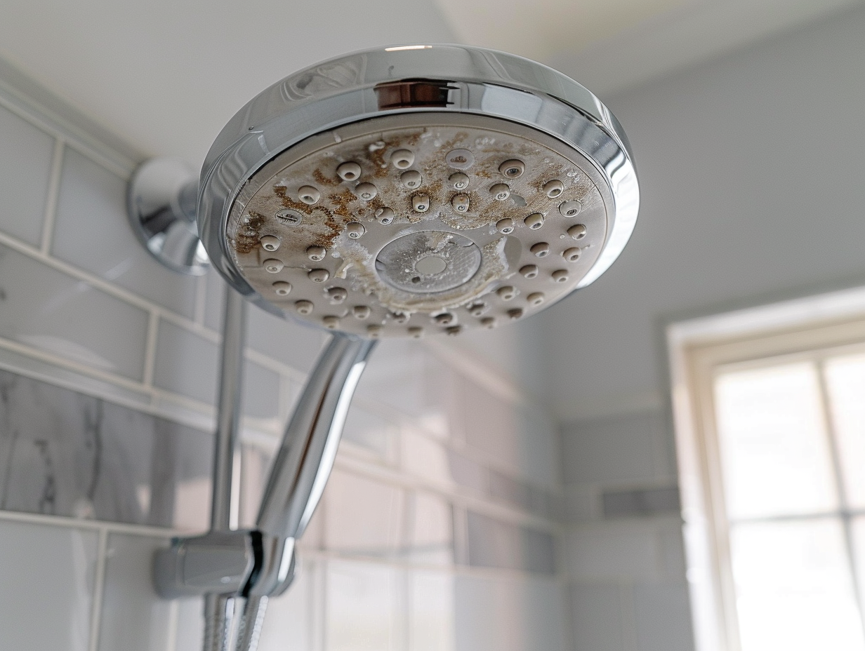 Showerhead covered in mineral scale buildup caused by hard water, a common problem Filtercon's whole house filtration system helps prevent.