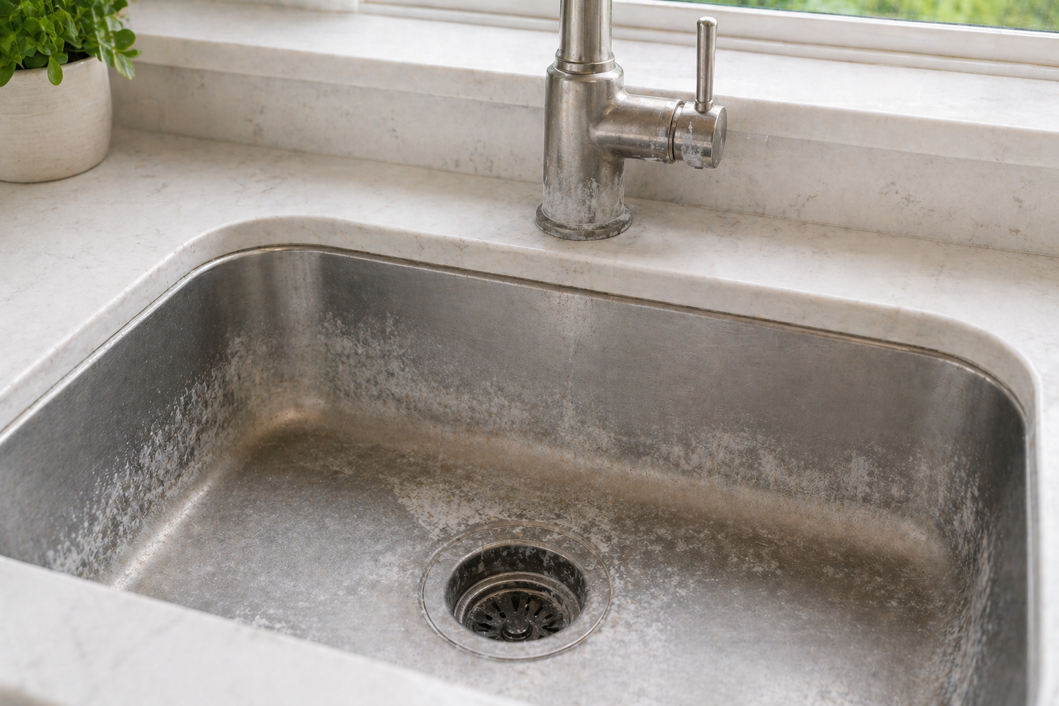 Kitchen sink and faucet showing hard water mineral buildup and stains, a common problem for San Diego homeowners with untreated hard water.