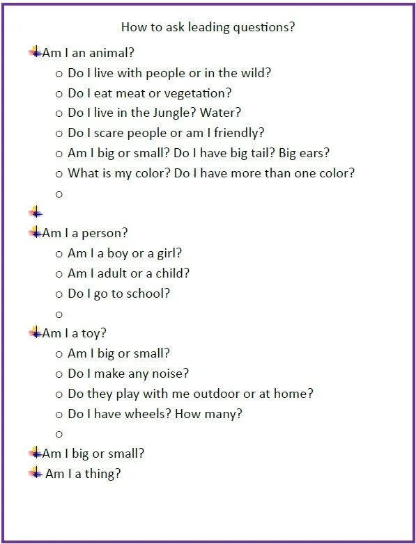 A printable guide titled 'How to ask leading questions' with sections for identifying as an animal, person, or toy, including sample questions under each category.