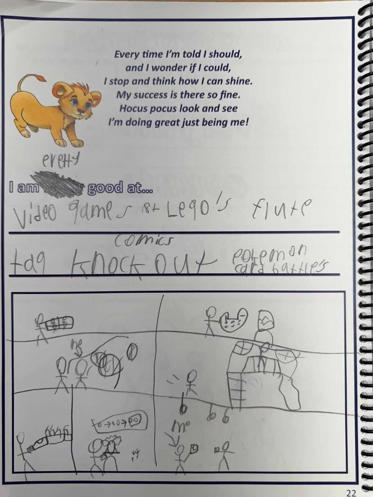 A notebook page with a lion cub illustration and a poem. Handwritten notes mention video games, Lego's, and Pokemon. Drawings depict children playing with toys, battling, and using electronic devices.