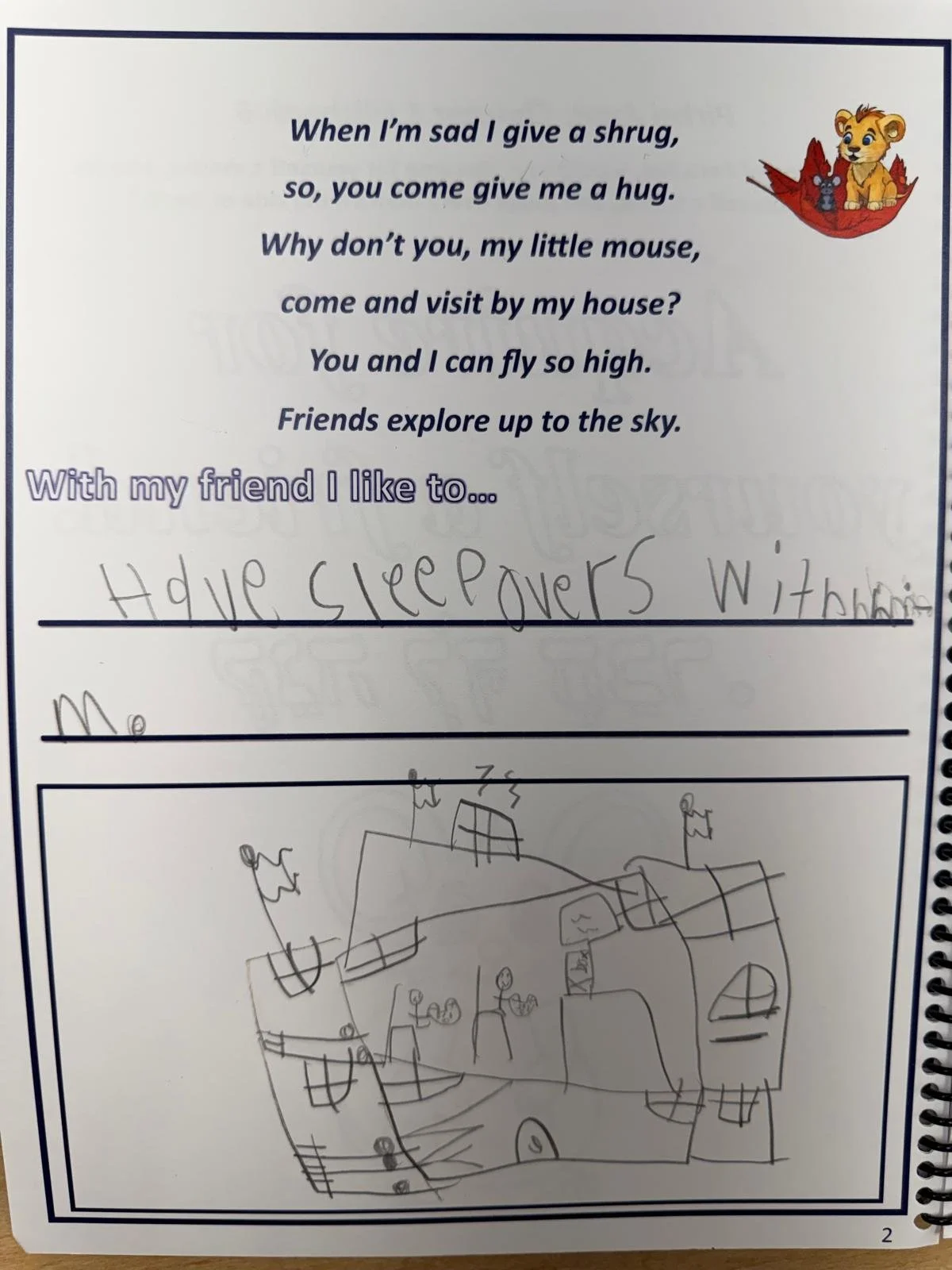 A children's worksheet with a poem about friendship, featuring a colorful illustration of a lion cub and other animals in a hammock, and a child's drawing of a house with people and flags.