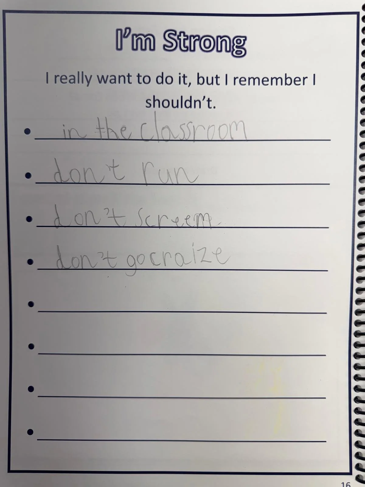 A worksheet titled 'I'm Strong' with handwritten rules: 'in the classroom,' 'don't run,' 'don't scream,' and 'don't graffiti'.