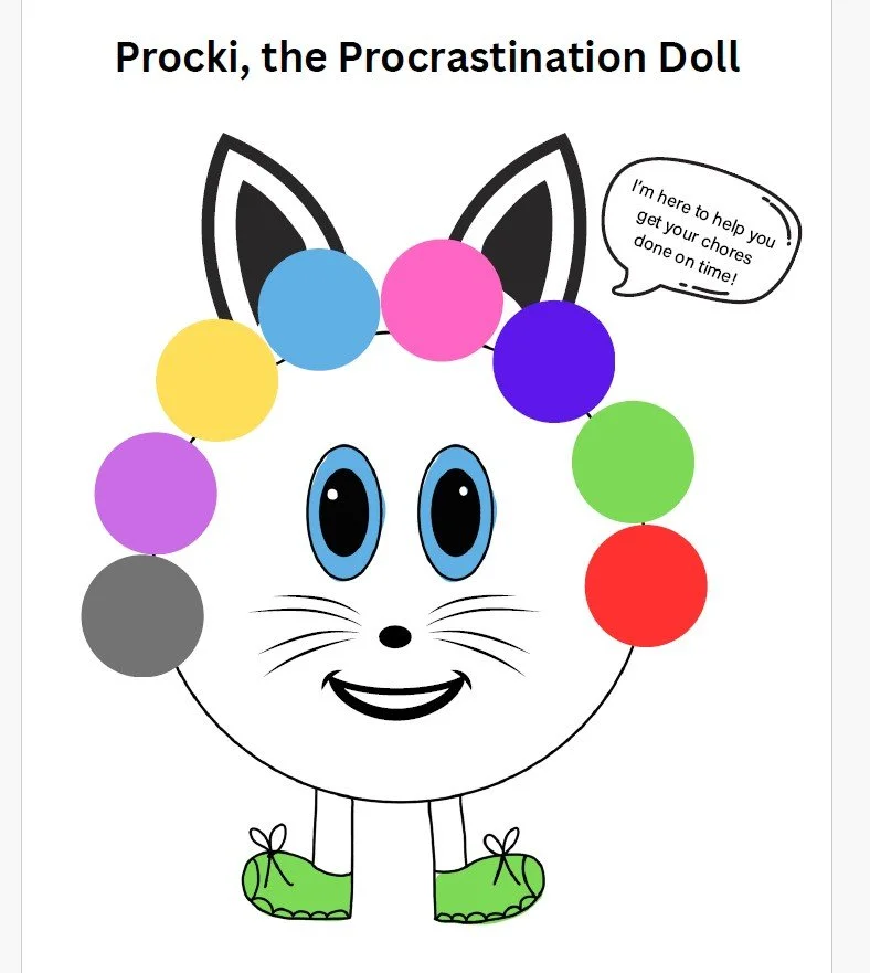 A cartoon character named Procki, the Procrastination Doll, with bunny ears and large blue eyes, wearing green shoes with bows. The character has a big smile and a wreath of colored balls around its head, resembling a flower or a crown. There is a sp