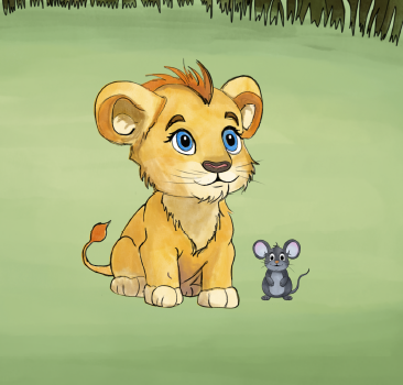 Cartoon lion cub sitting on grass with a small gray mouse nearby, green background with bushes.