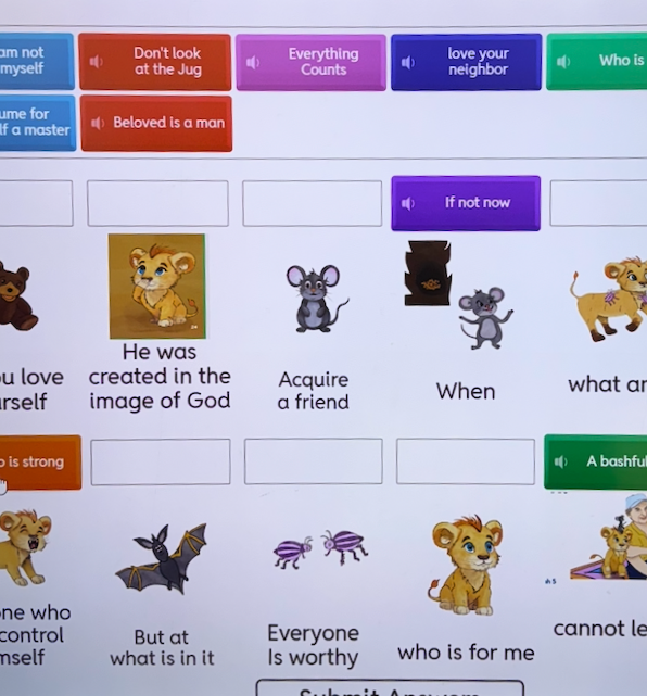 Educational worksheet featuring a sentence with blank spaces and various colorful sticky notes at the top with motivational phrases. The worksheet contains animal illustrations of a bear, lion cub, mouse, and other animals, used for completing sentences about values and feelings.