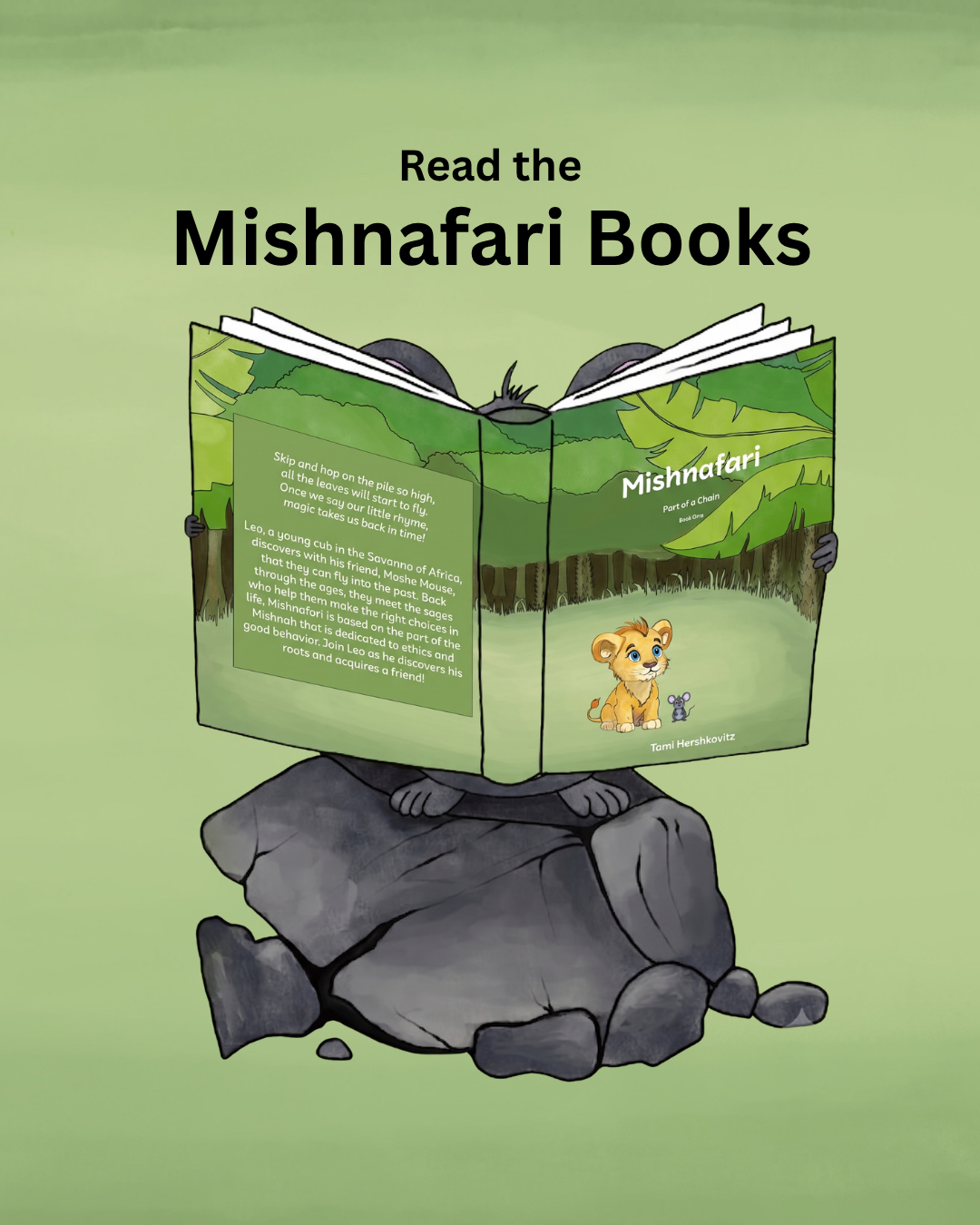 A cartoon illustration of a black chimpanzee sitting on a rock, holding and reading a book titled 'Mishnafani' with a lion cub and a mouse on the cover. The background is green and the book features a green forest scene.