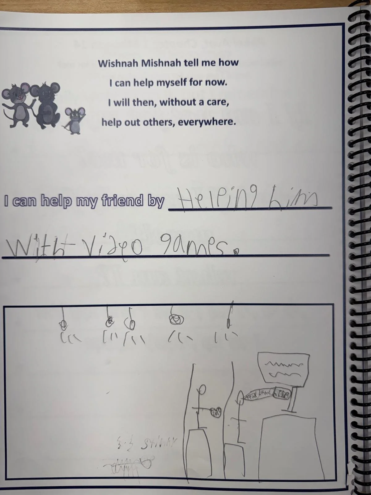 A child's drawing on a worksheet with a bedtime or help theme, featuring four hanging figures, possibly mice, and a family or person watching TV.