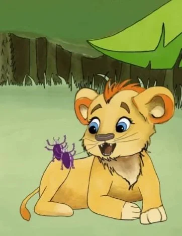 Animated lion cub lying on grass with a purple insect on its hind paw, in a jungle setting.