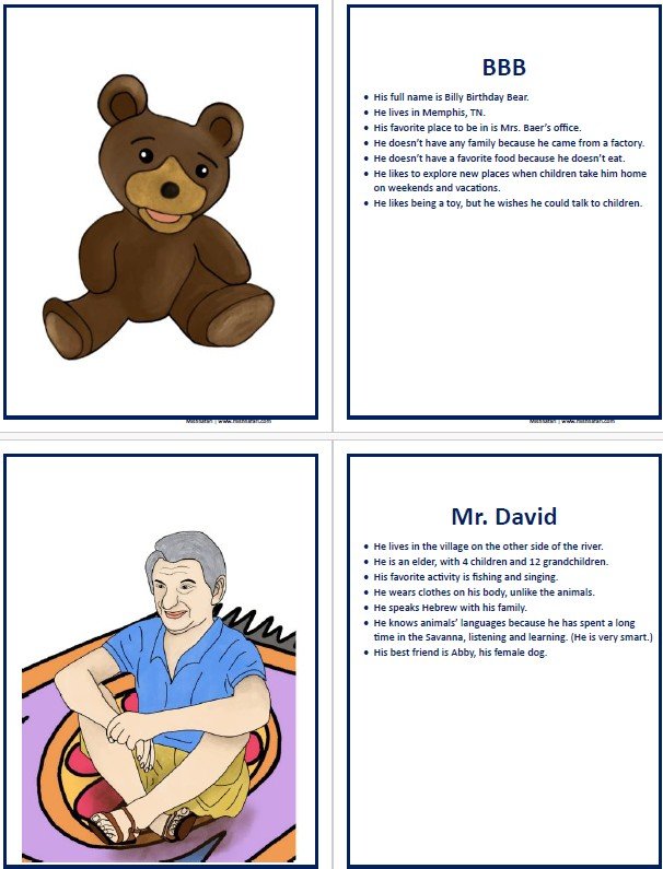 Two pages showing illustrated characters and their descriptions. The first page features Billy, a brown teddy bear, with details about his preferences and interests. The second page features Mr. David, an elderly man with gray hair, sitting cross-leg