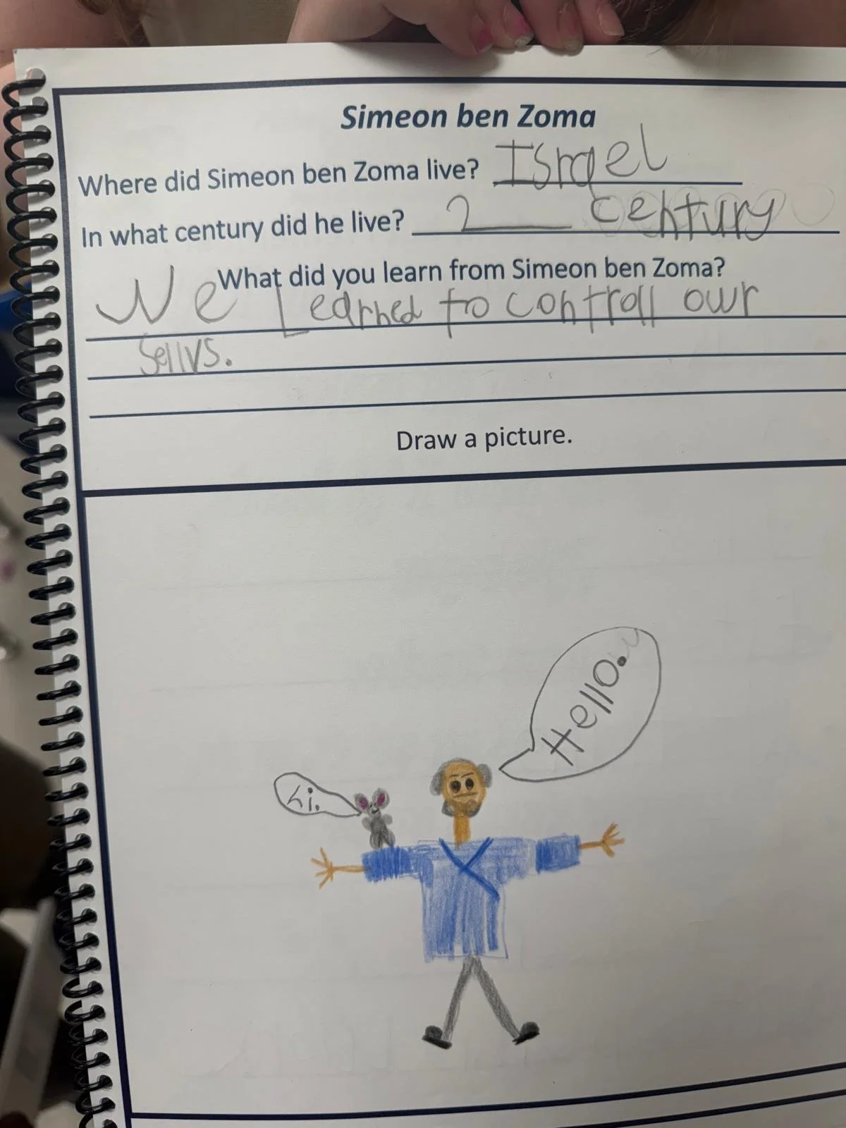 A child's drawing of a person with a mouse on their shoulder, both saying hello, with arms outstretched.