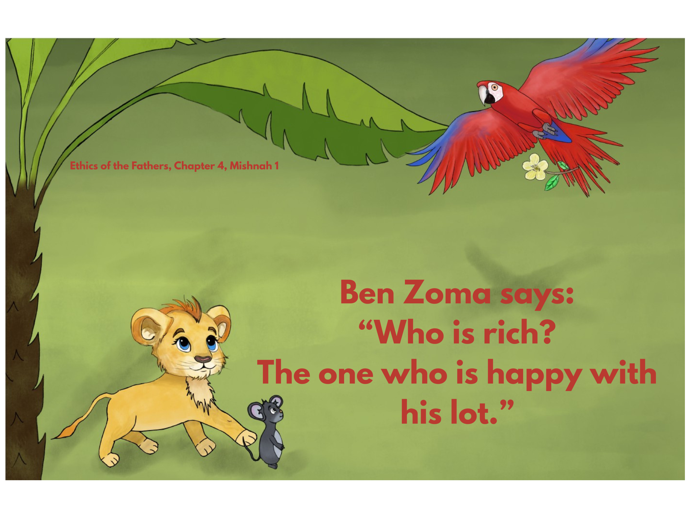 A colorful illustration of a red, blue, and yellow parrot flying near large green leaves, with a lion cub and a mouse on the ground beneath the tree.