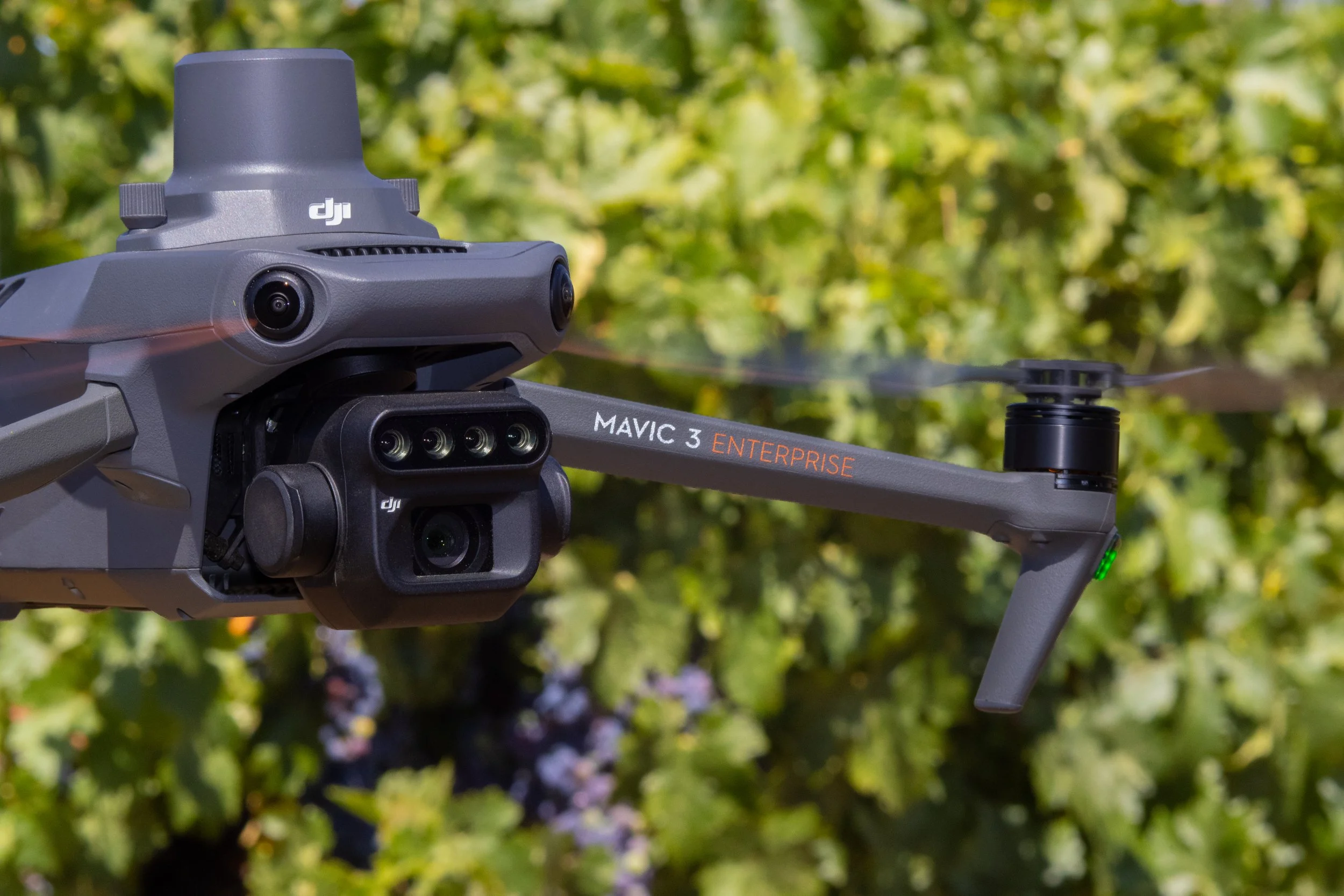 Close-up of a DJI Mavic 3 Enterprise drone with a camera and sensors, outdoors with green foliage in the background.