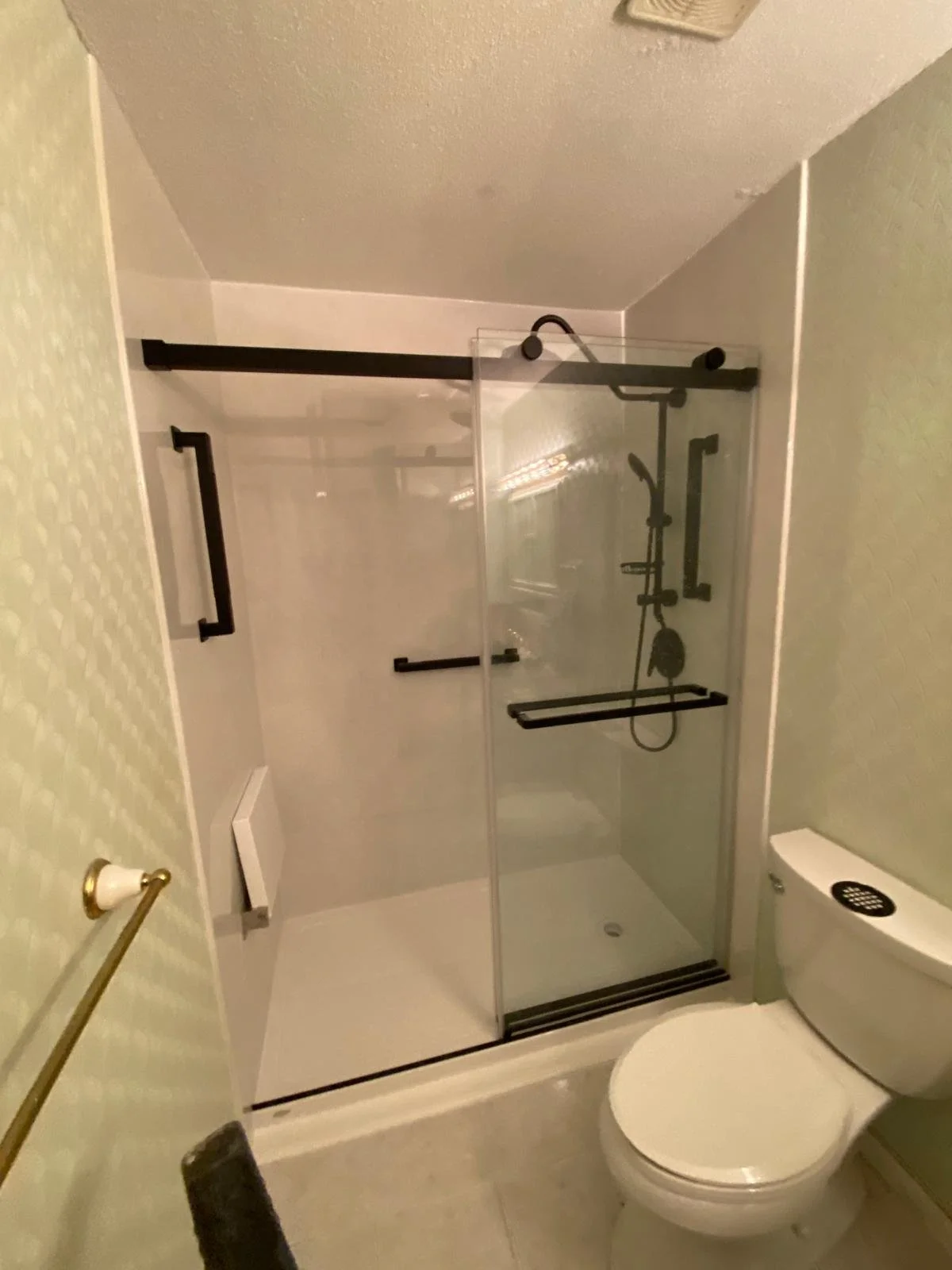 Bathroom with a glass shower enclosure featuring black hardware, a showerhead, and a toilet next to it.