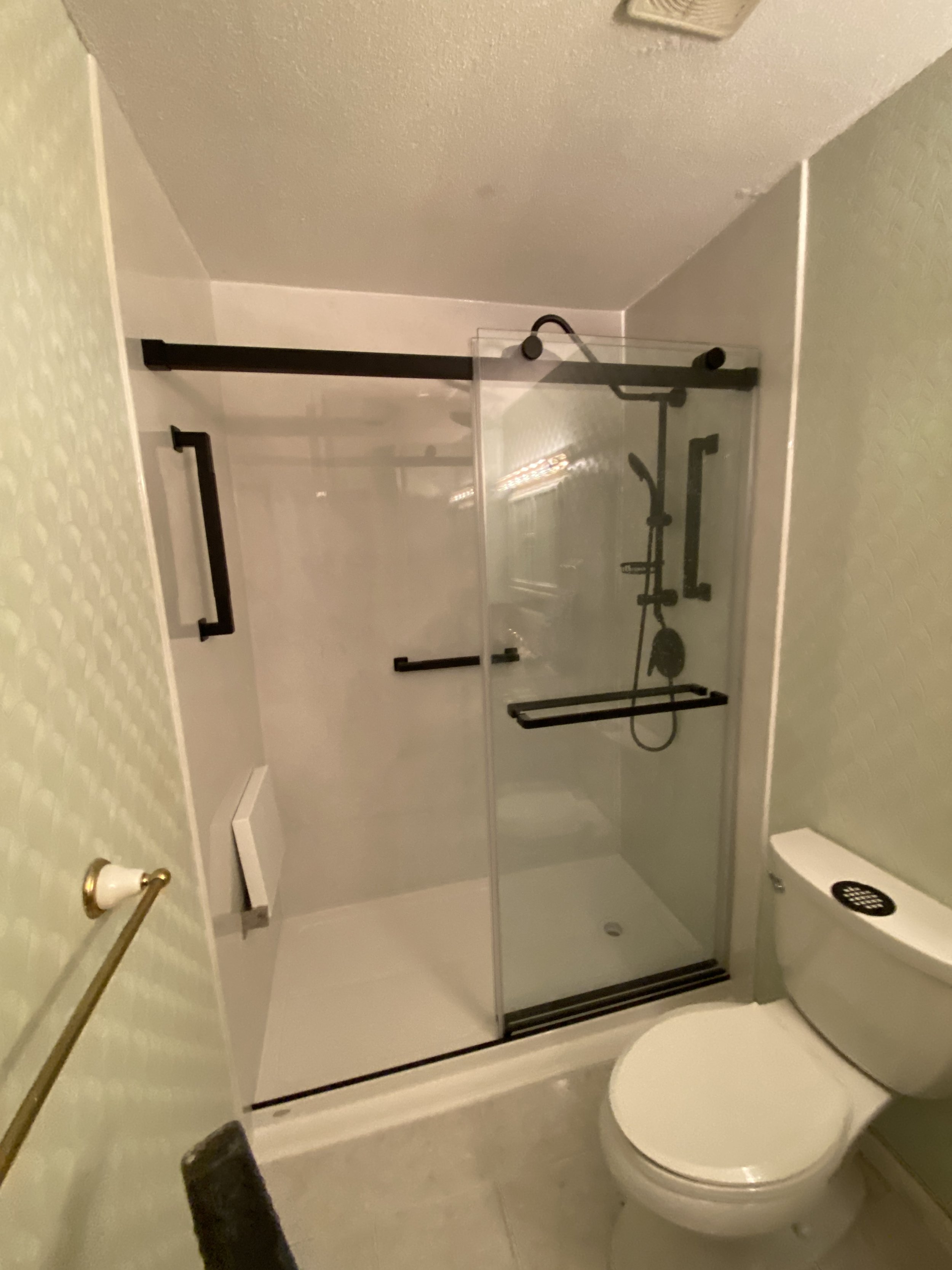 Bathroom with a walk-in shower featuring black fixtures, a glass door, and a white toilet.