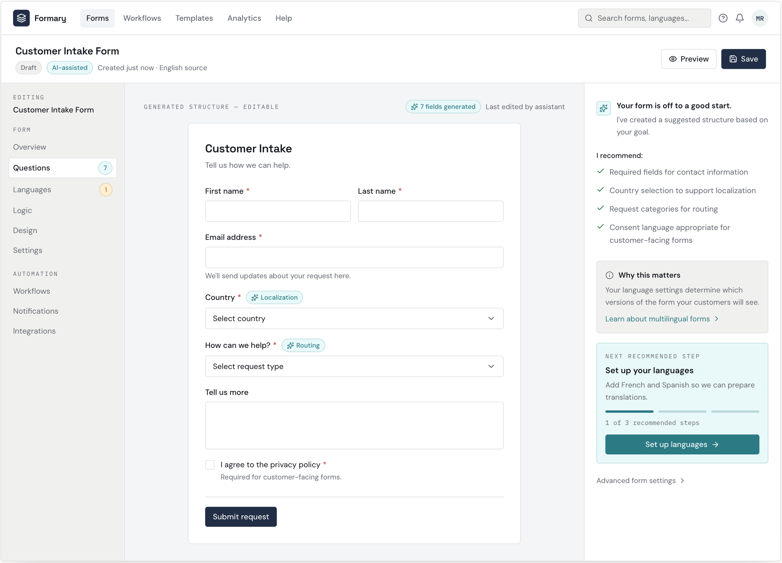 Screenshot of an online form creation platform showing a customer intake form being generated with fields for name, email, country, and request details, along with options for language setup and privacy policy agreement.