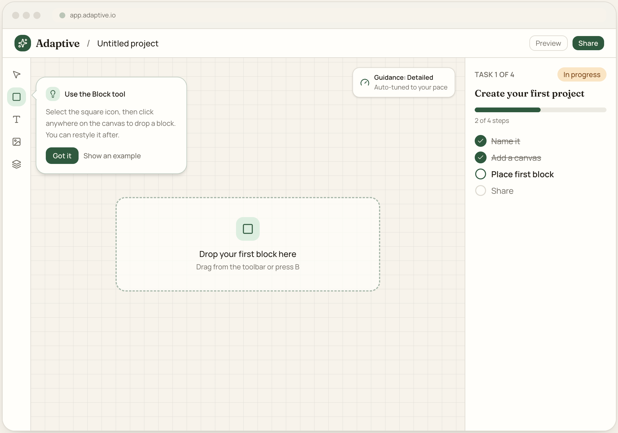 Screenshot of a project management or note-taking app interface with a step-by-step task tracker, guidance tooltip, and an empty block area for adding content. The interface features green and beige tones.