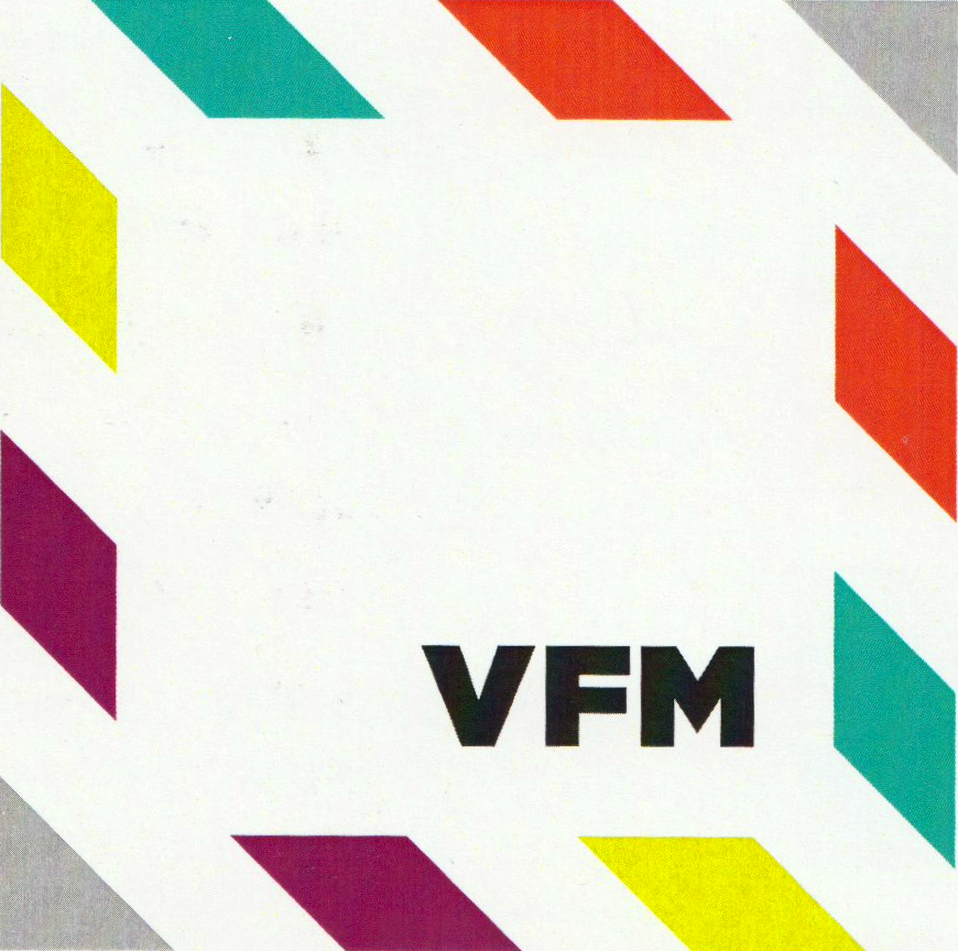 Colorful geometric border with the letters 'VFM' in bold black font in the center.