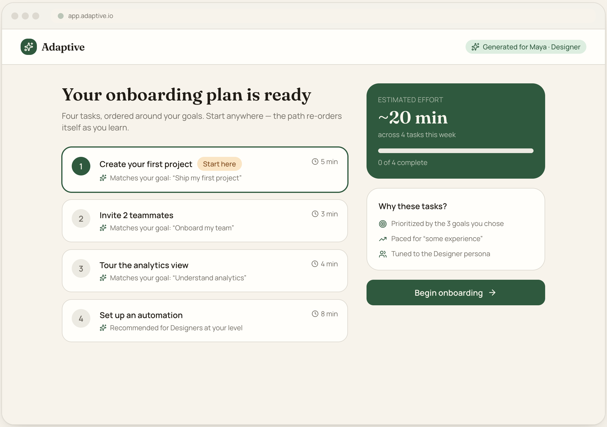 Screenshot of a webpage titled 'Your onboarding plan is ready' with four tasks listed and an estimated effort of about 20 minutes. The tasks include creating a project, inviting teammates, touring analytics, and setting up automation. There is a green button at the bottom to begin onboarding.